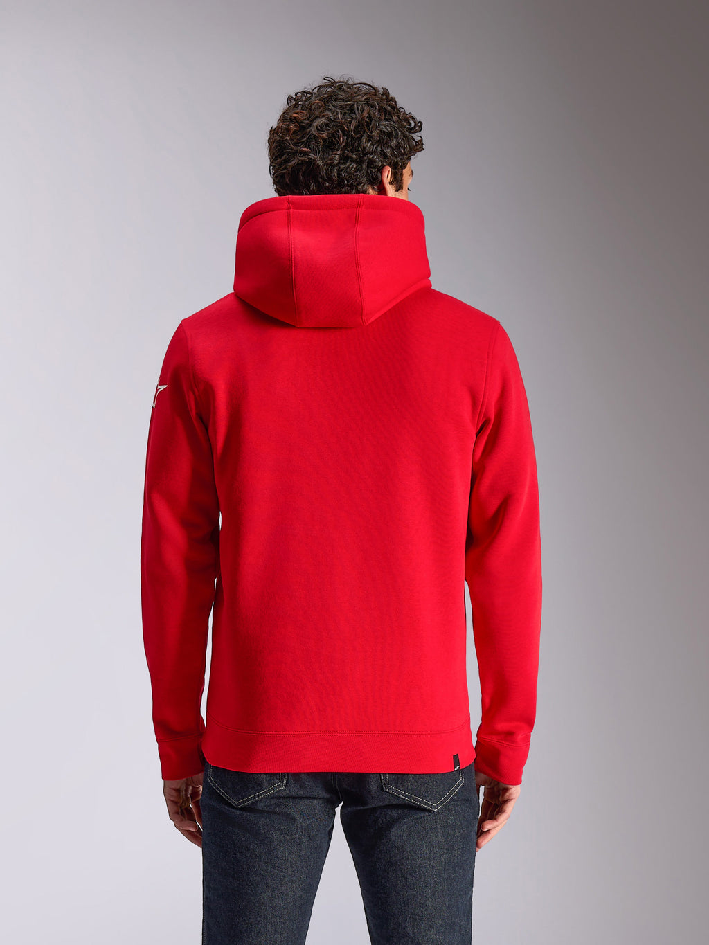 Alpinestars Linear Wordmark V3 Hoodie, achteraanzicht van een rode hoodie met capuchon, wit Ageless-logo op de mouw, geribde manchetten en zoom, casual streetwear geïnspireerd op de motorsport