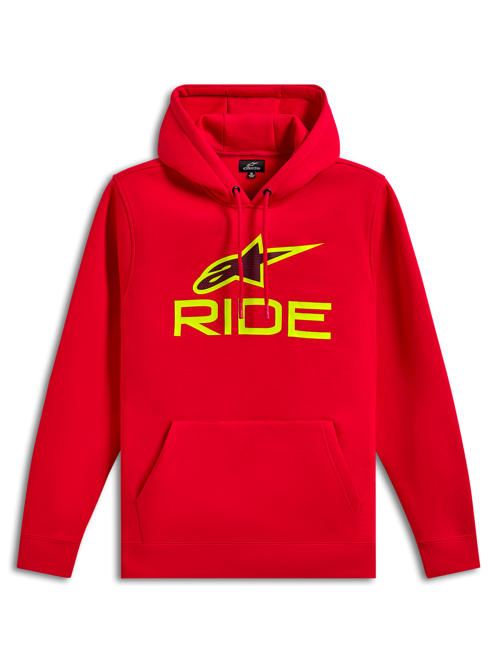Alpinestars Ride V3 Hoodie, rode fleece pullover, felgeel RIDE-logo en Astars-symbool met zwarte geperforeerde print, capuchon met trekkoord, kangoeroezak aan de voorzijde, casual motorsport streetwear