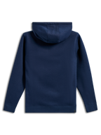 Alpinestars Ride V3 Hoodie, achteraanzicht van een marineblauwe fleece pullover met capuchon, effen ontwerp met geribbelde manchetten en zoom, jerseygevoerde capuchon, casual motorsport-geïnspireerde sportkleding
