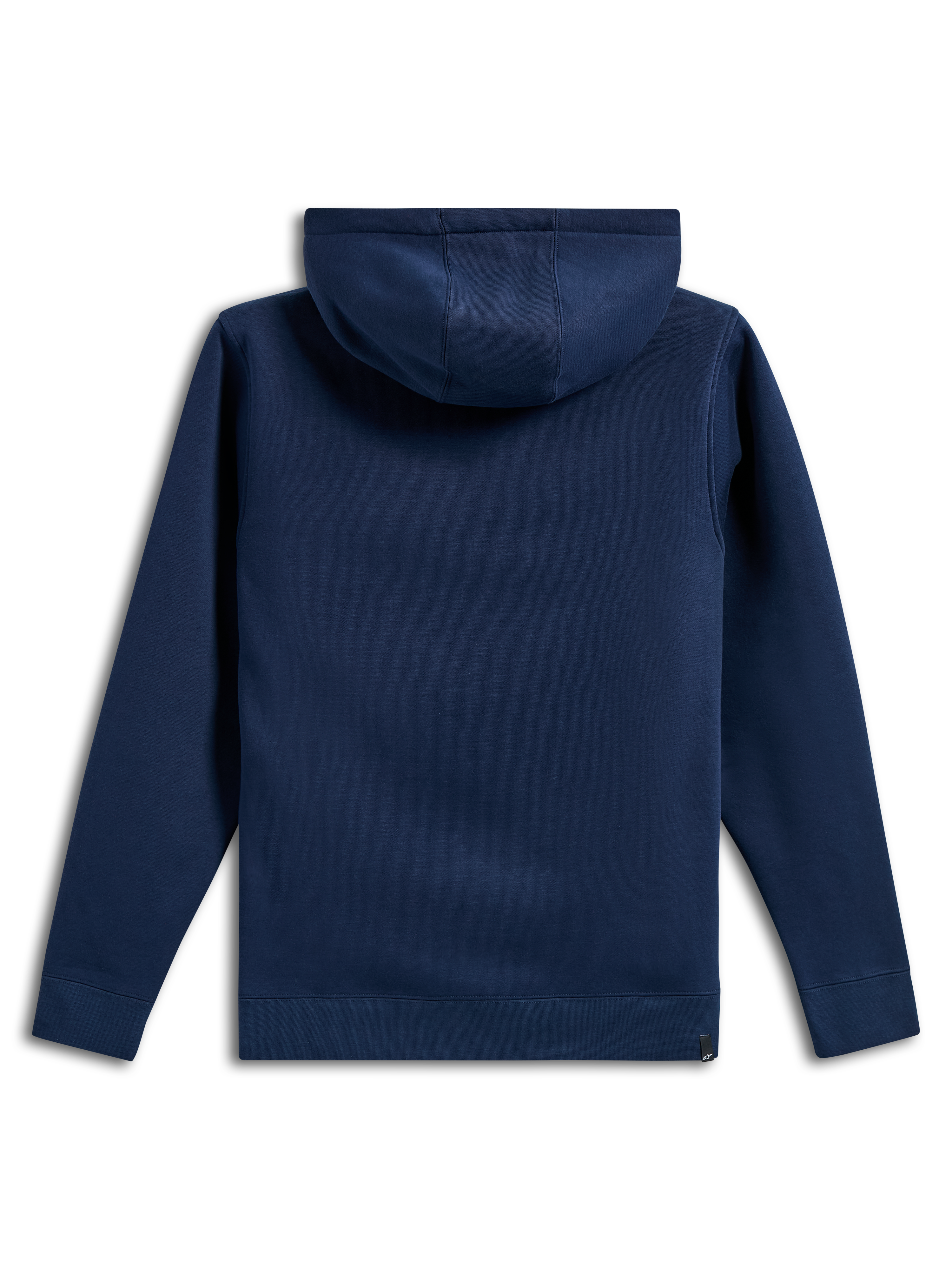 Alpinestars Ride V3 Hoodie, achteraanzicht van een marineblauwe fleece pullover met capuchon, effen ontwerp met geribbelde manchetten en zoom, jerseygevoerde capuchon, casual motorsport-geïnspireerde sportkleding