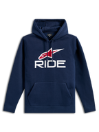 Alpinestars Ride V3 Hoodie, casual marineblauwe pullover fleece, met een wit RIDE-logo en rood Alpinestars-sterlogo op de borst, capuchon met trekkoord, kangoeroezak aan de voorzijde, lange mouwen en geribbelde manchetten.