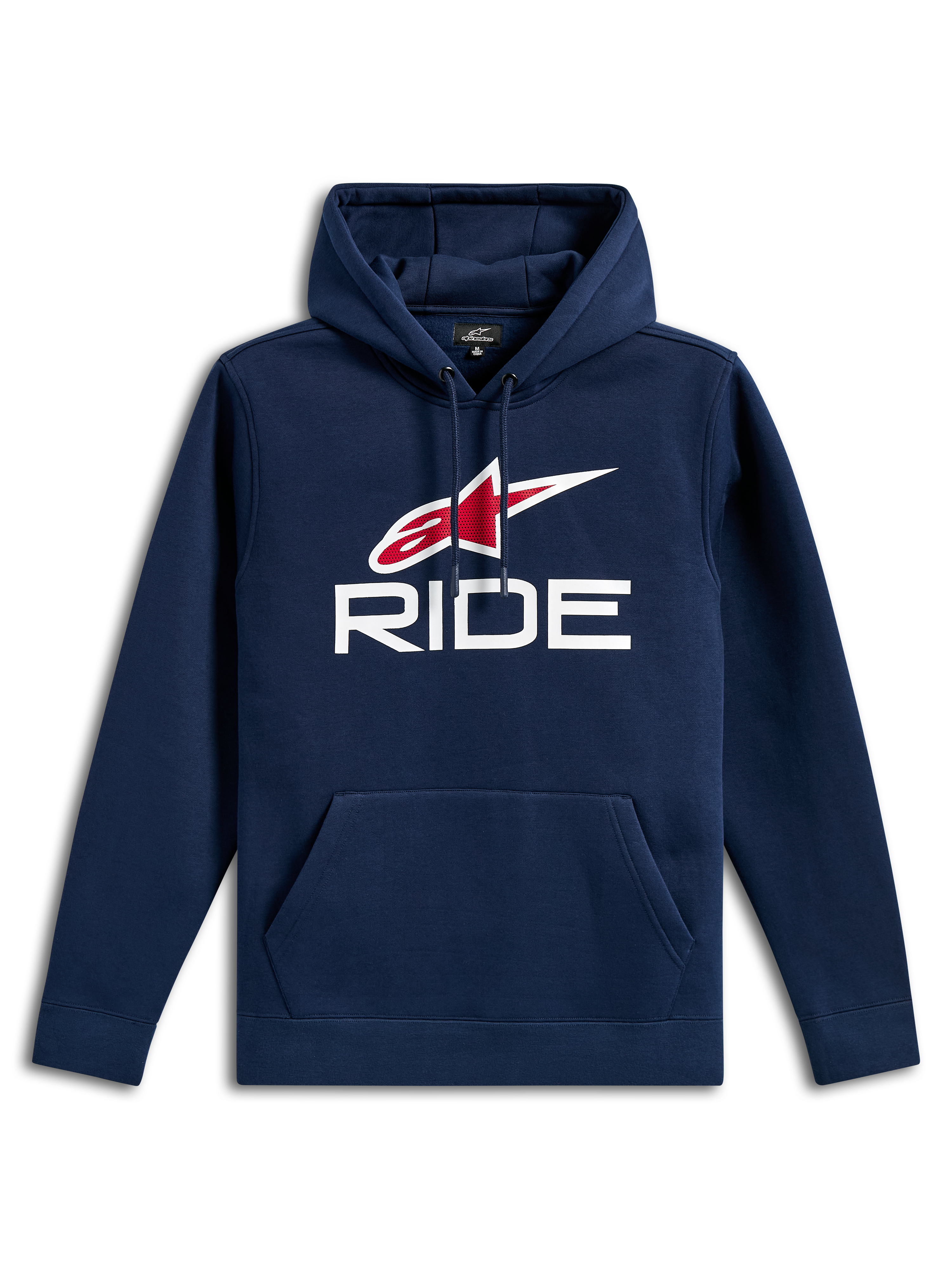 Alpinestars Ride V3 Hoodie, casual marineblauwe pullover fleece, met een wit RIDE-logo en rood Alpinestars-sterlogo op de borst, capuchon met trekkoord, kangoeroezak aan de voorzijde, lange mouwen en geribbelde manchetten.
