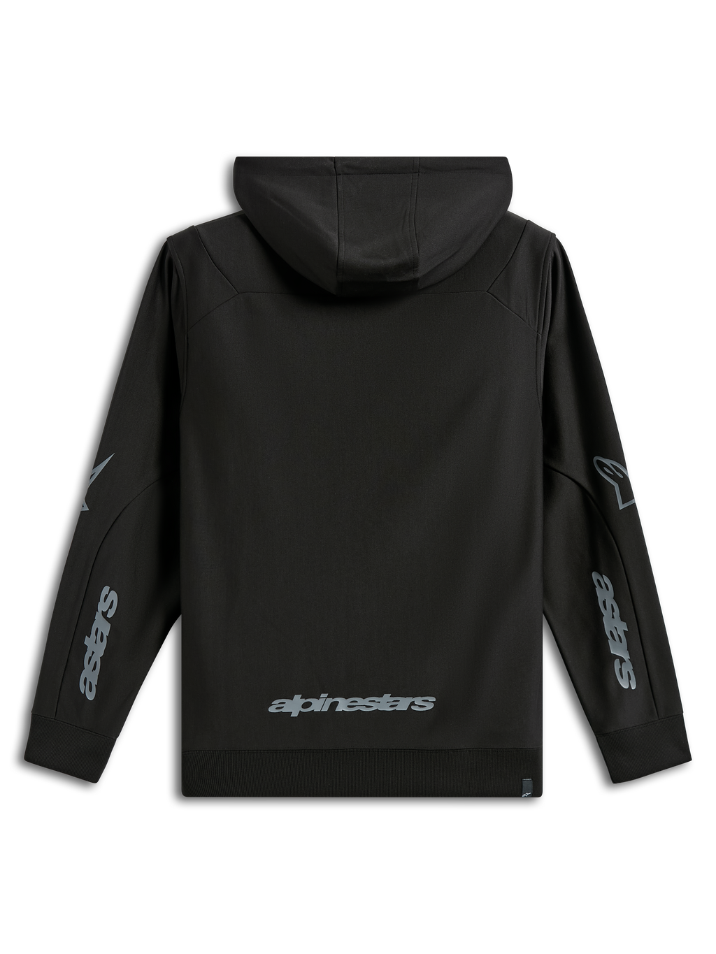Alpinestars Sessions V3 Hoodie, casual sportkleding, zwart met grijze logo's, achteraanzicht met Alpinestars-woordmerk op de onderrug en Astars-graphics op de mouwen, polyfleece met capuchon en geribde manchetten, modern motorsport-geïnspireerd ontwerp