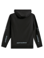 Alpinestars Sessions V3 Hoodie, casual sportkleding, zwart met grijze logo's, achteraanzicht met Alpinestars-woordmerk op de onderrug en Astars-graphics op de mouwen, polyfleece met capuchon en geribde manchetten, modern motorsport-geïnspireerd ontwerp