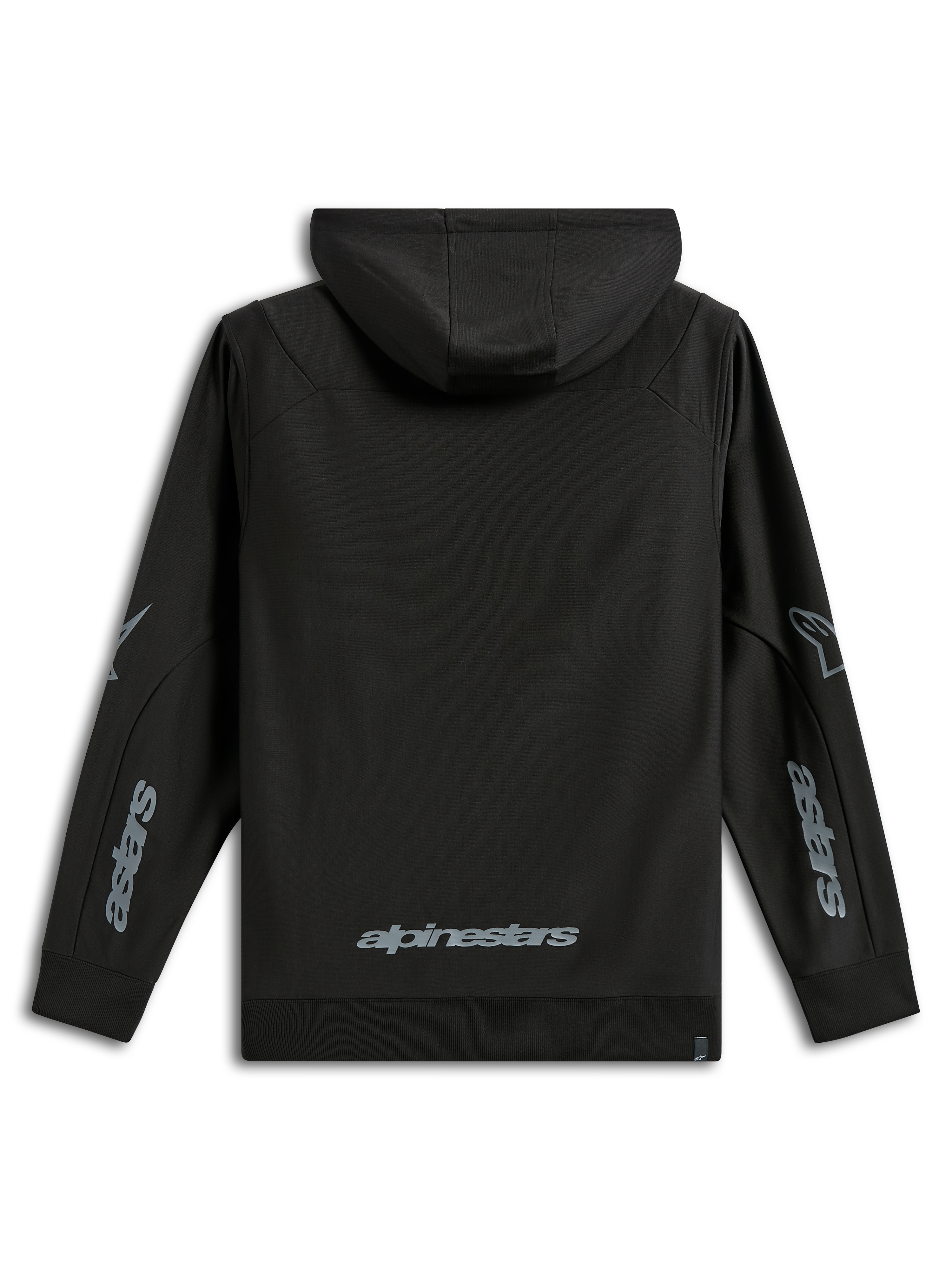 Alpinestars Sessions V3 Hoodie, casual sportkleding, zwart met grijze logo's, achteraanzicht met Alpinestars-woordmerk op de onderrug en Astars-graphics op de mouwen, polyfleece met capuchon en geribde manchetten, modern motorsport-geïnspireerd ontwerp