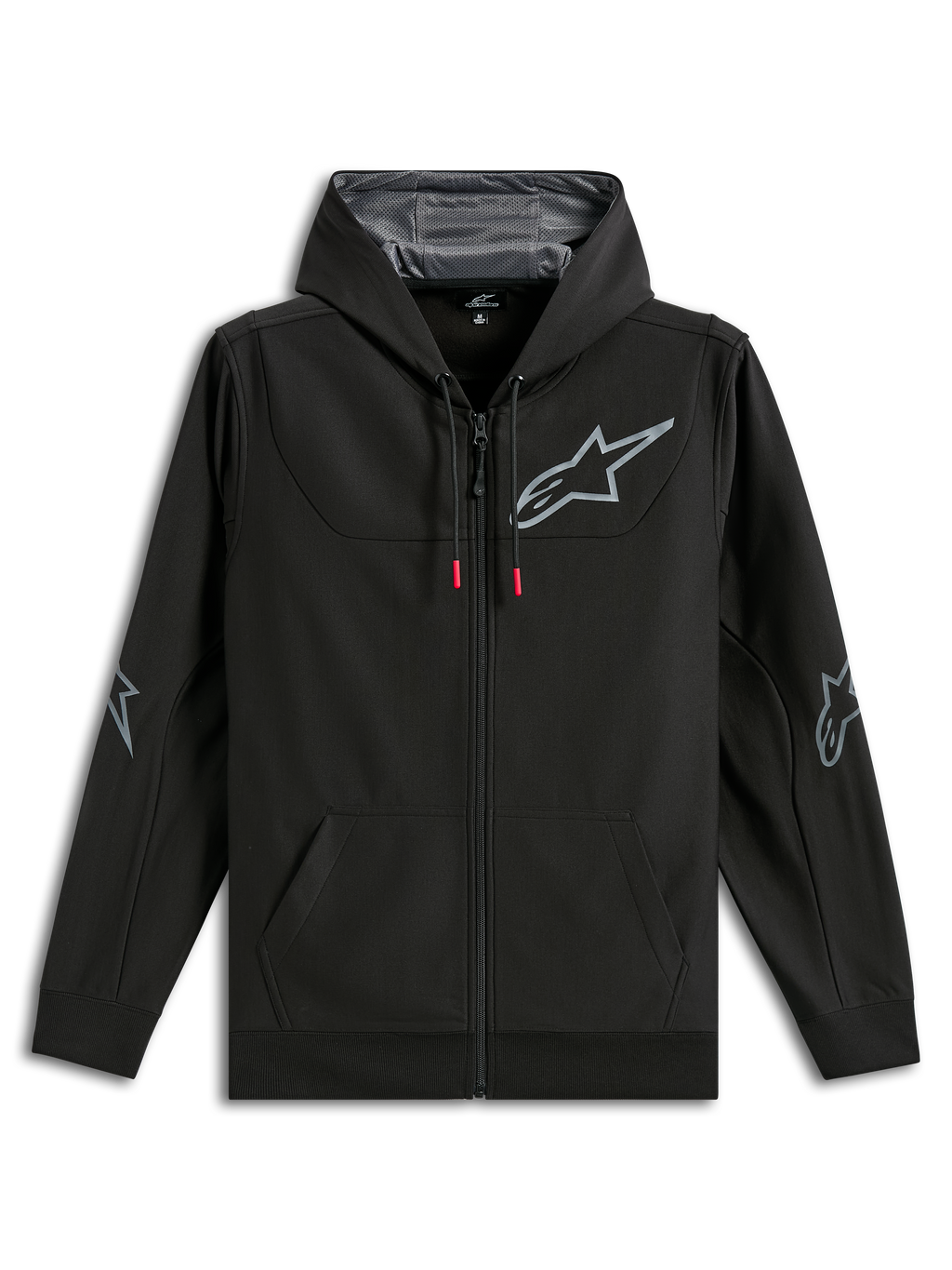 Alpinestars Sessions V3 Hoodie, zwarte polyfleece hoodie met volledige rits, grijs Alpinestars sterlogo op de borst en ellebogen, trekkoorden met rode uiteinden, capuchon met mesh-voering, casual motorsport streetwear