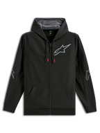 Alpinestars Sessions V3 Hoodie, zwarte polyfleece hoodie met volledige rits, grijs Alpinestars sterlogo op de borst en ellebogen, trekkoorden met rode uiteinden, capuchon met mesh-voering, casual motorsport streetwear