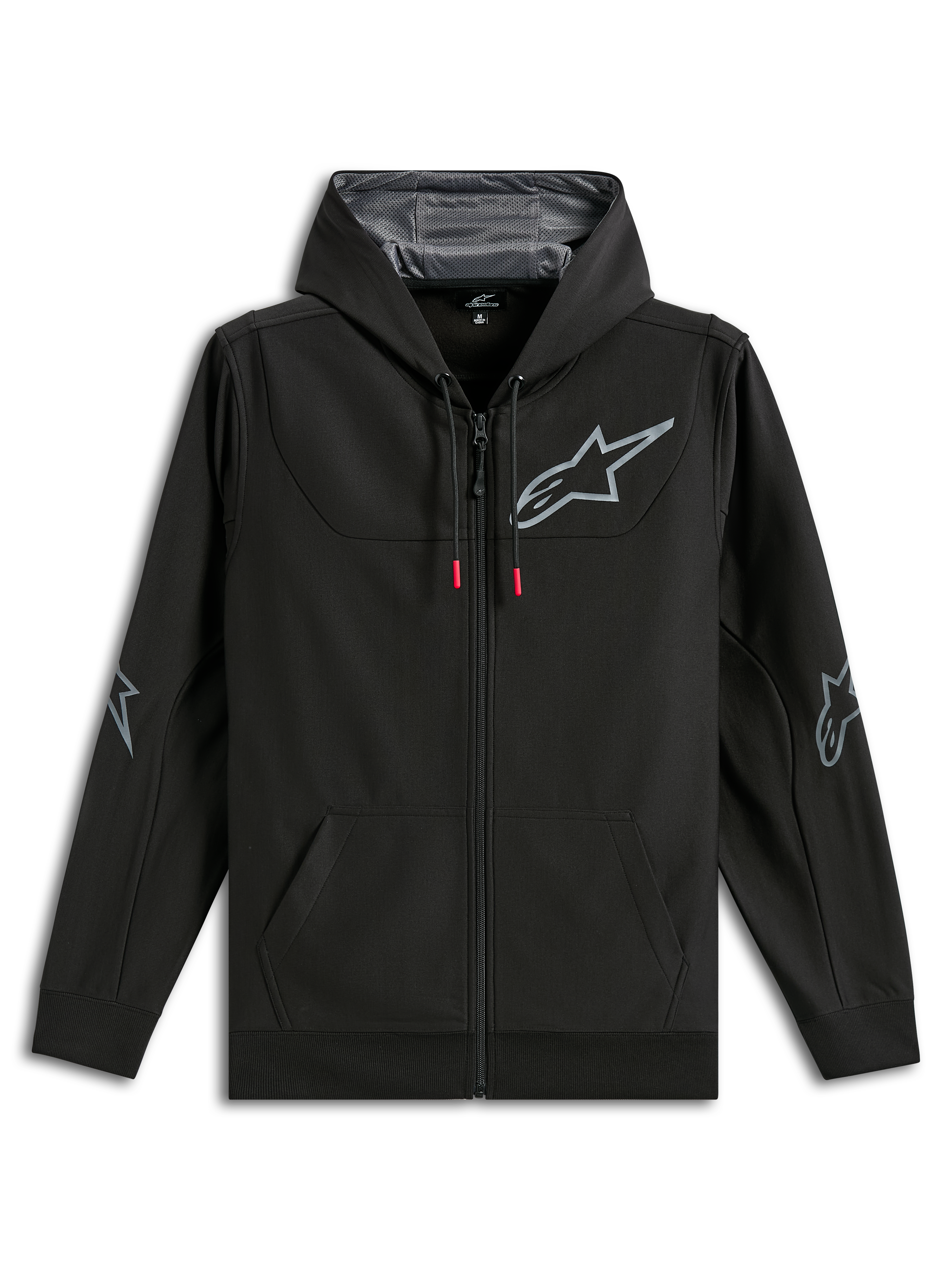 Alpinestars Sessions V3 Hoodie, zwarte polyfleece hoodie met volledige rits, grijs Alpinestars sterlogo op de borst en ellebogen, trekkoorden met rode uiteinden, capuchon met mesh-voering, casual motorsport streetwear