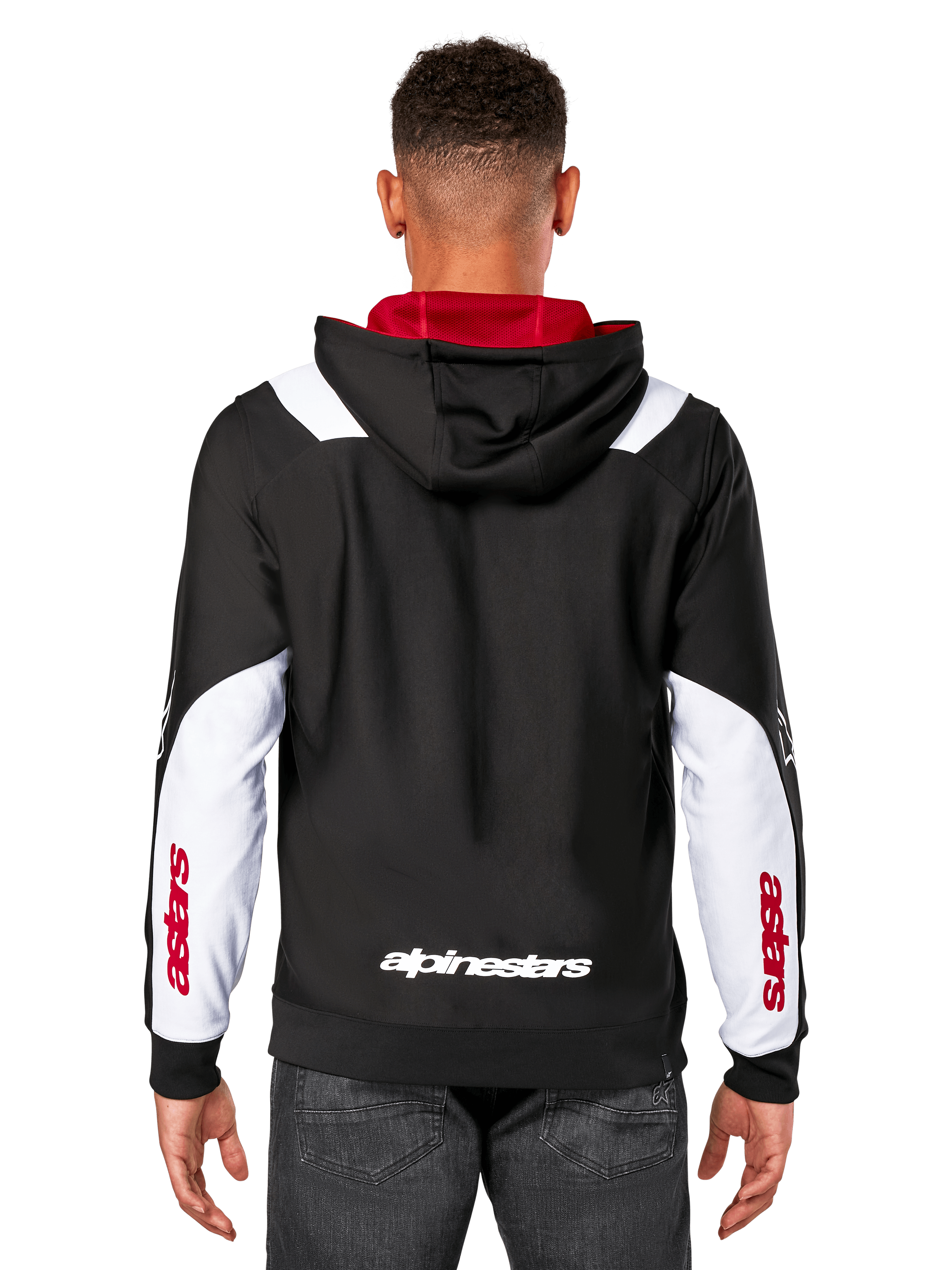 Sweat à capuche Alpinestars Sessions V3, vue de dos, noir avec empiècements blancs sur les manches et doublure de capuche rouge, avec logo textuel blanc au dos et marquage rouge sur les manches, vêtement urbain décontracté inspiré du sport automobile