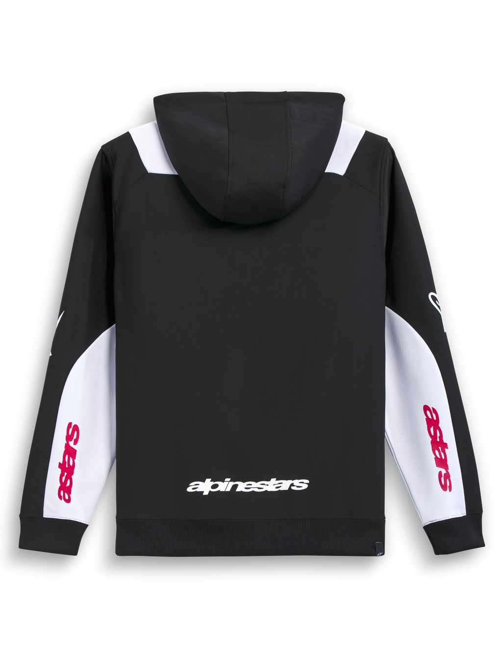 Alpinestars Sessions V3 Kapuzenpullover, schwarzer Sportswear-Kapuzenpullover mit Reißverschluss, Rückansicht mit weißem Wortmarken-Schriftzug und weißen Ärmelbahnen.