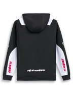 Alpinestars Sessions V3 Kapuzenpullover, schwarzer Sportswear-Kapuzenpullover mit Reißverschluss, Rückansicht mit weißem Wortmarken-Schriftzug und weißen Ärmelbahnen.