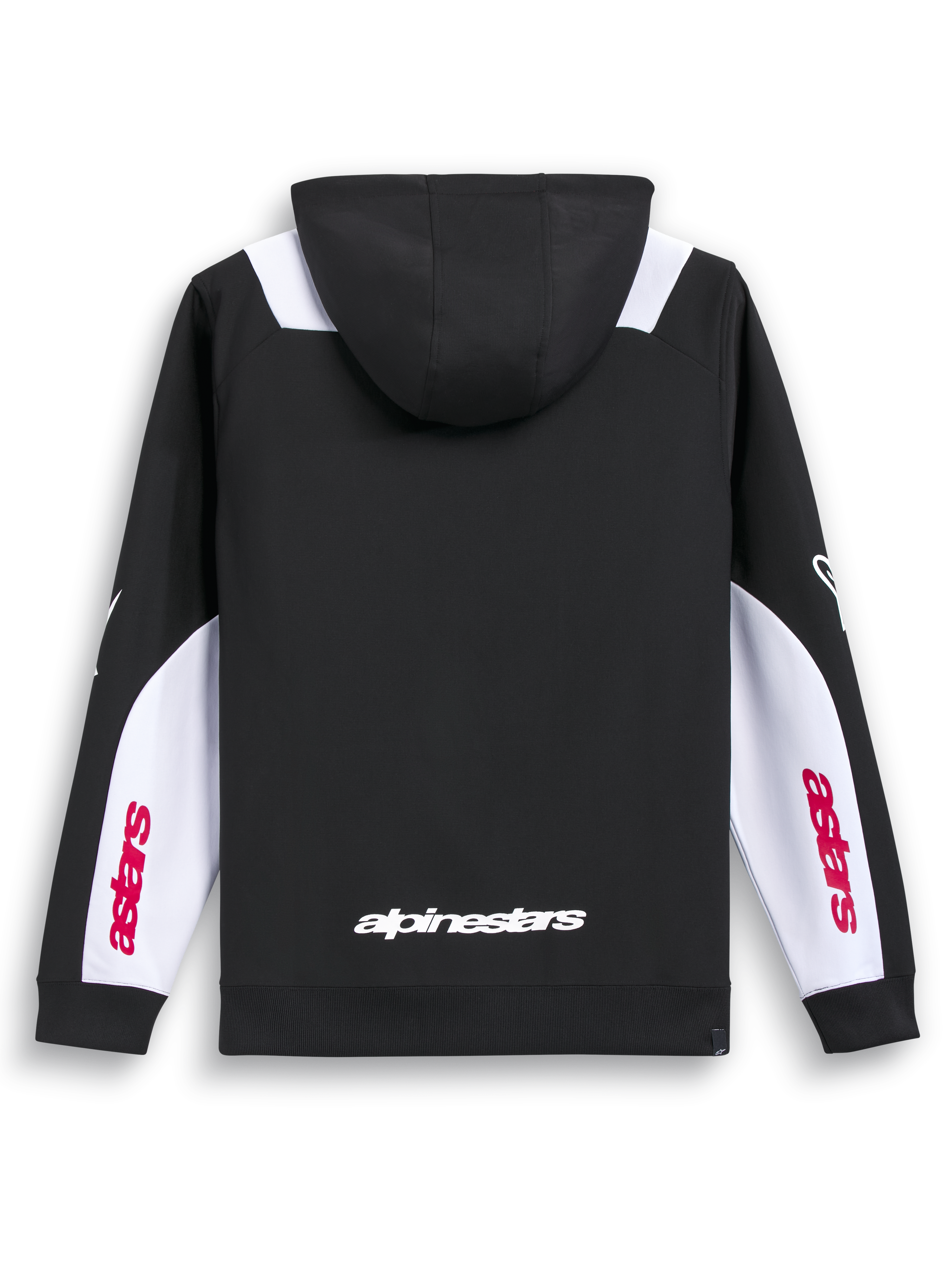 Alpinestars Sessions V3 Kapuzenpullover, schwarzer Sportswear-Kapuzenpullover mit Reißverschluss, Rückansicht mit weißem Wortmarken-Schriftzug und weißen Ärmelbahnen.