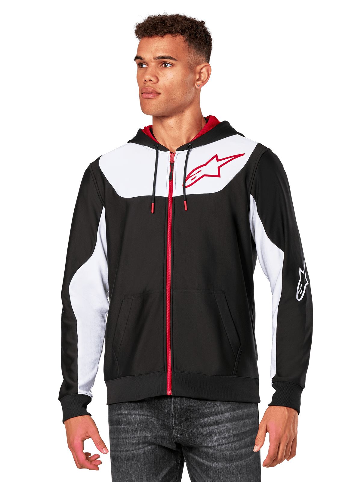 Alpinestars Sessions V3 Hoodie, Zip-Front Hoodie, Black with White panels and Red accents, featuring a red zipper, mesh-lined hood, and Alpinestars star logo on the chest, casual motorsport-inspired streetwear
