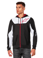 Alpinestars Sessions V3 Hoodie, sweat à capuche zippé, noir avec panneaux blancs et détails rouges, doté d'une fermeture éclair rouge, d'une capuche doublée en mesh et du logo étoile Alpinestars sur la poitrine, streetwear décontracté inspiré du sport automobile