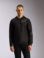 Alpinestars Sessions V3 Hoodie, polyfleece hoodie met rits in zwart en grijs, met grijze sterlogo's op de borst en ellebogen, technische trekkoorden met rode uiteinden, casual motorsport streetwear-stijl
