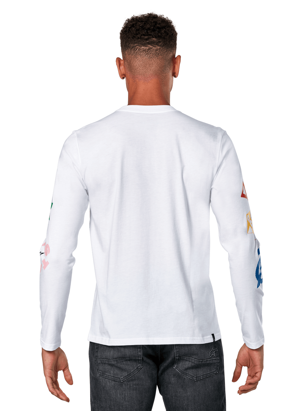 Alpinestars Brundo CSF Tee, T-shirt met lange mouwen, wit, achteraanzicht met kleurrijke grafische prints op de mouwen, casual motorsport streetwear