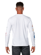 Alpinestars Brundo CSF Tee, T-shirt met lange mouwen, wit, achteraanzicht met kleurrijke grafische prints op de mouwen, casual motorsport streetwear