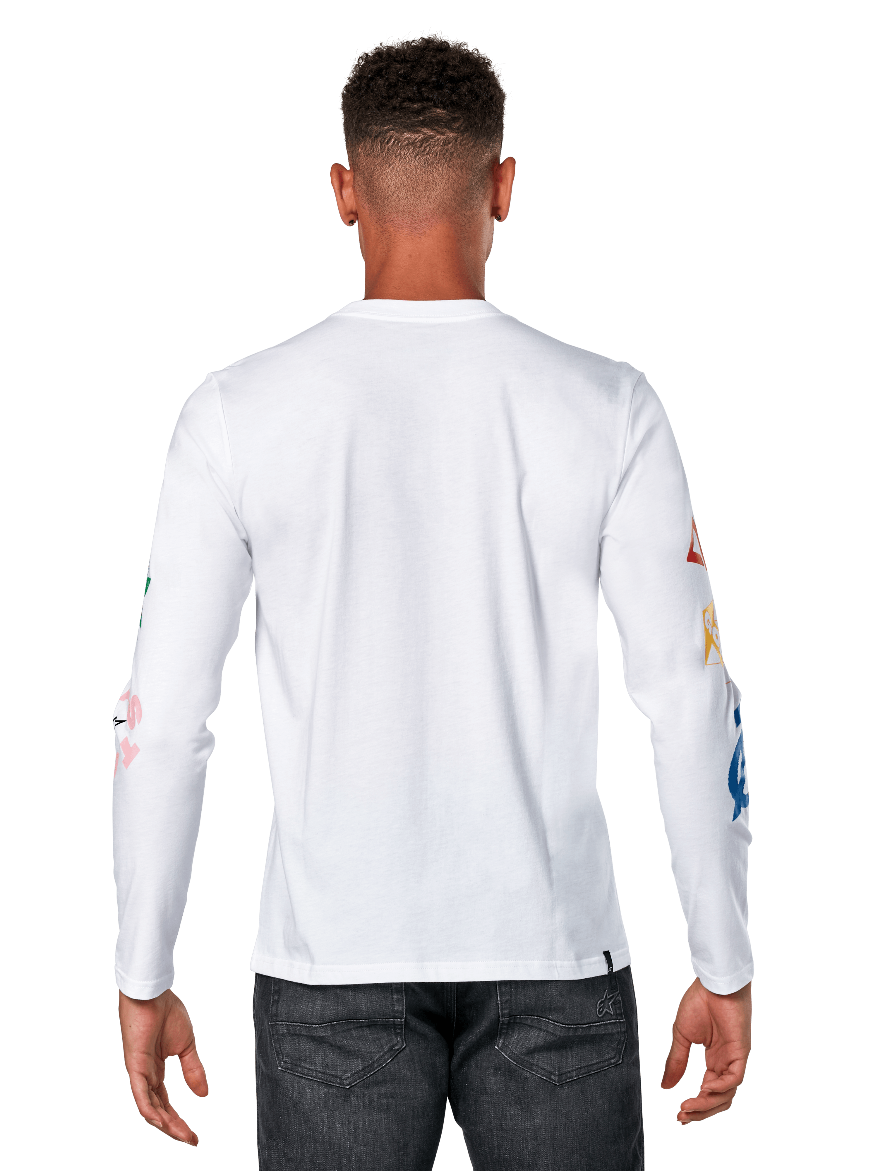 Alpinestars Brundo CSF Tee, T-shirt met lange mouwen, wit, achteraanzicht met kleurrijke grafische prints op de mouwen, casual motorsport streetwear