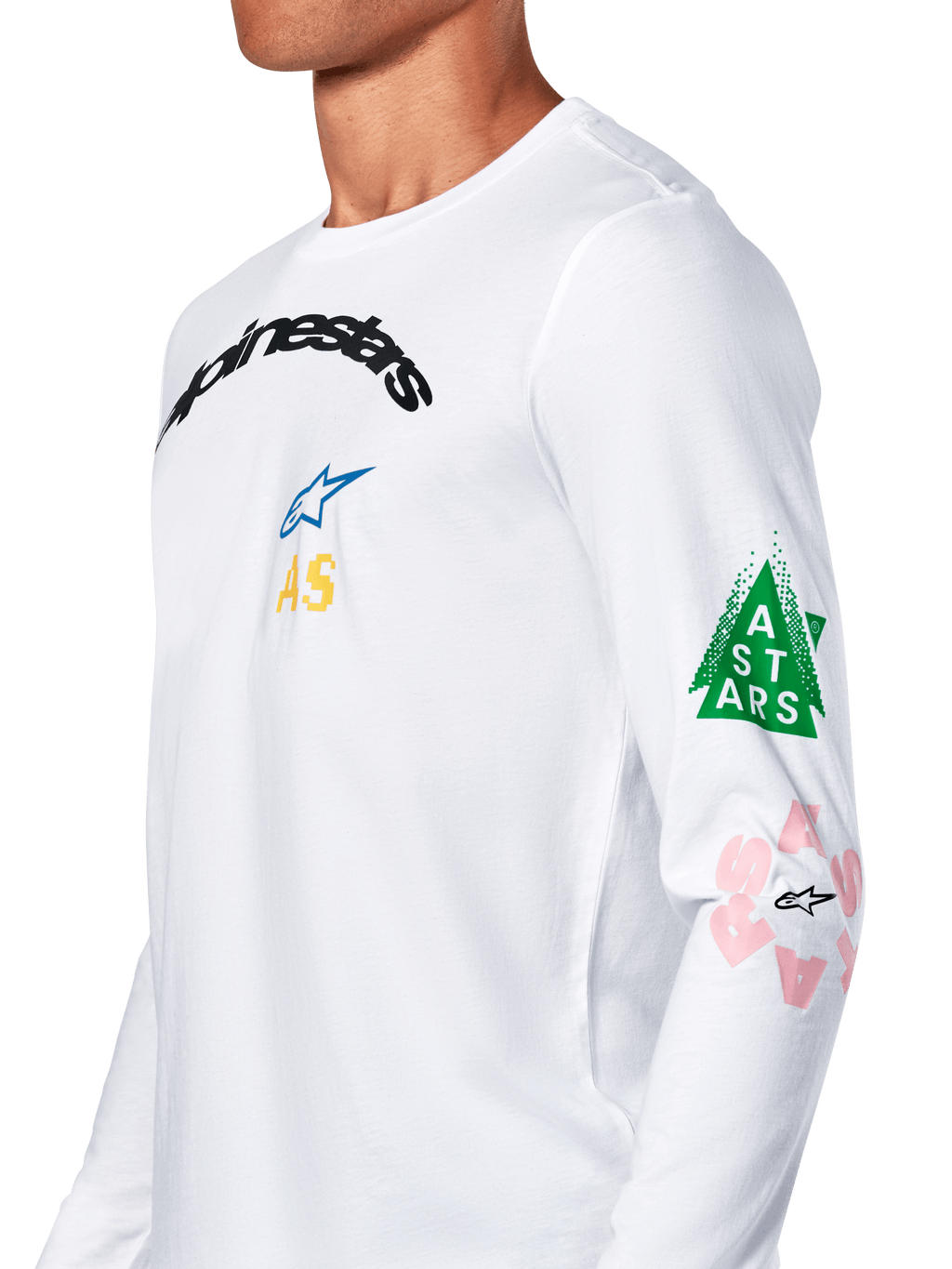 Alpinestars Brundo CSF Tee, T-shirt met lange mouwen, wit, met meerkleurige graphics op de borst en mouwen, groene driehoek en roze logo-details, casual motorsport sportkleding