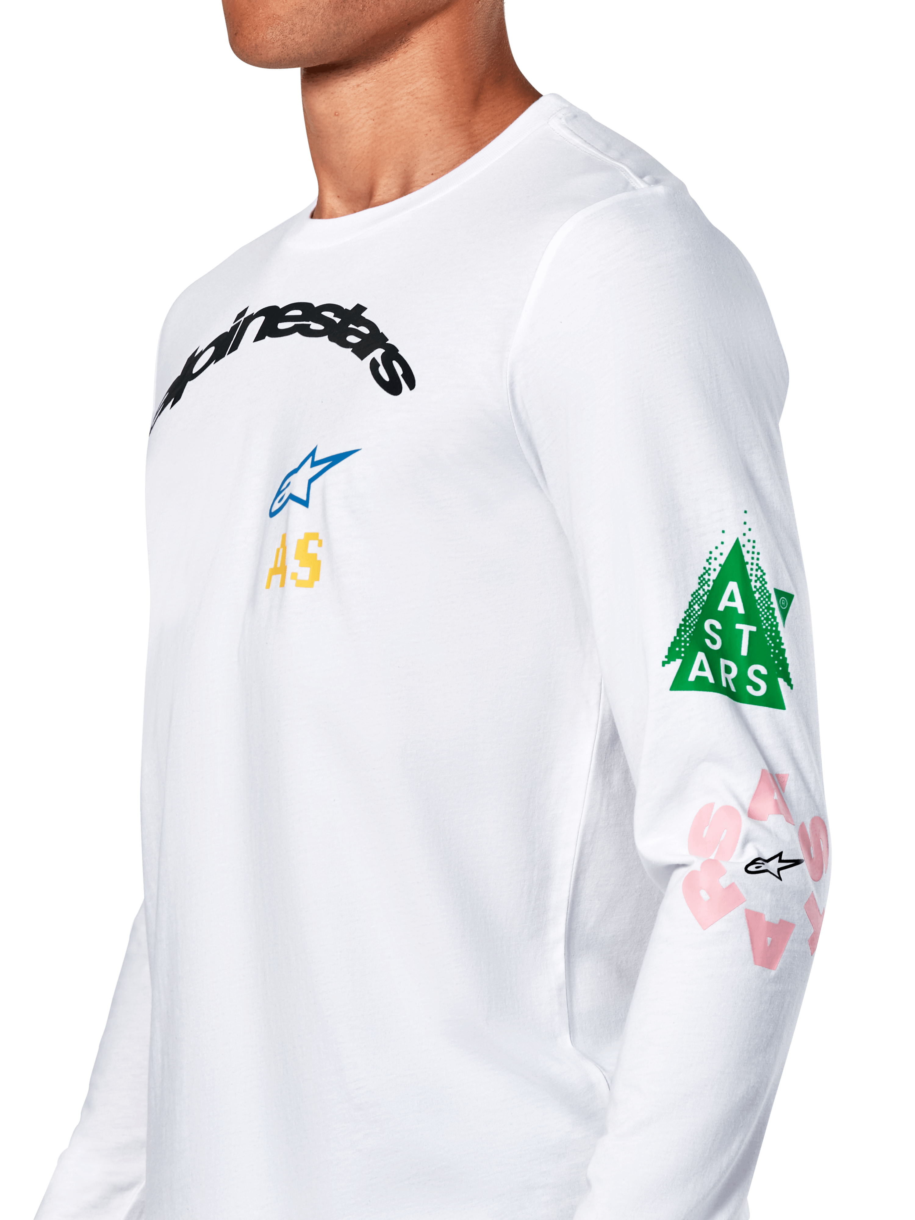 Alpinestars Brundo CSF Tee, T-shirt met lange mouwen, wit, met meerkleurige graphics op de borst en mouwen, groene driehoek en roze logo-details, casual motorsport sportkleding