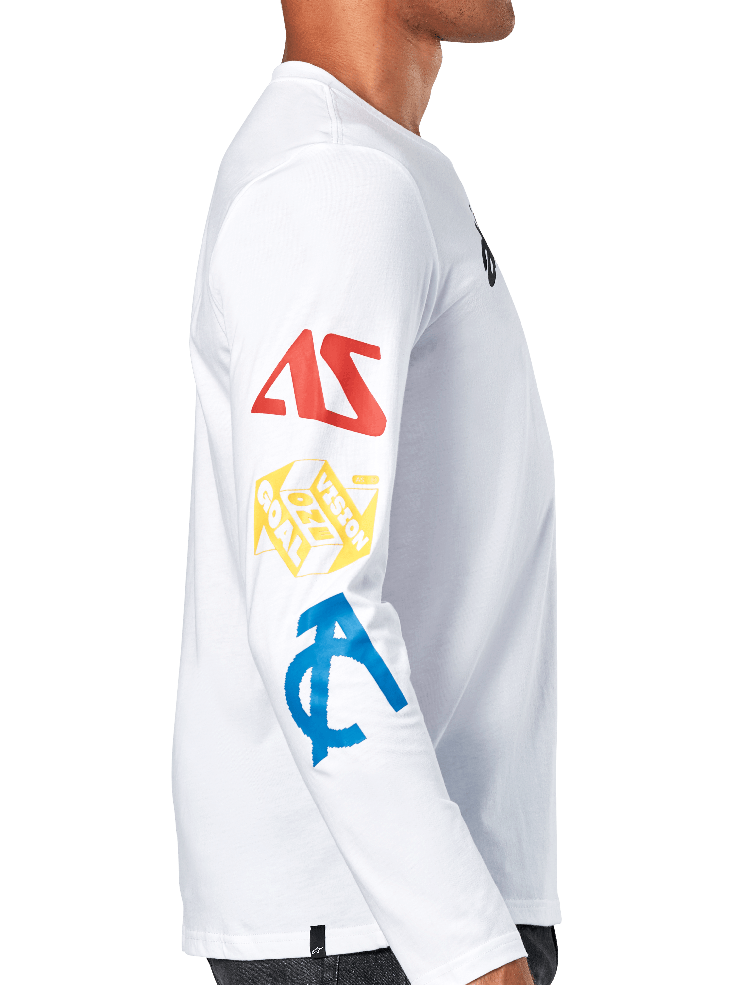 Alpinestars Brundo CSF Tee, T-shirt met lange mouwen, wit, zijaanzicht met veelkleurige graphics op de mouw in rood, geel en blauw, casual motorsport streetwear