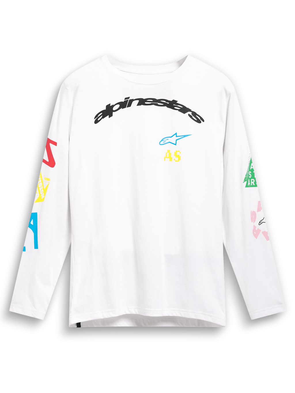 Alpinestars Brundo CSF Tee, wit T-shirt met lange mouwen, met kleurrijke multi-mix logo-graphics op de borst en mouwen, gebogen zwarte Alpinestars-branding, casual motorsport streetwear