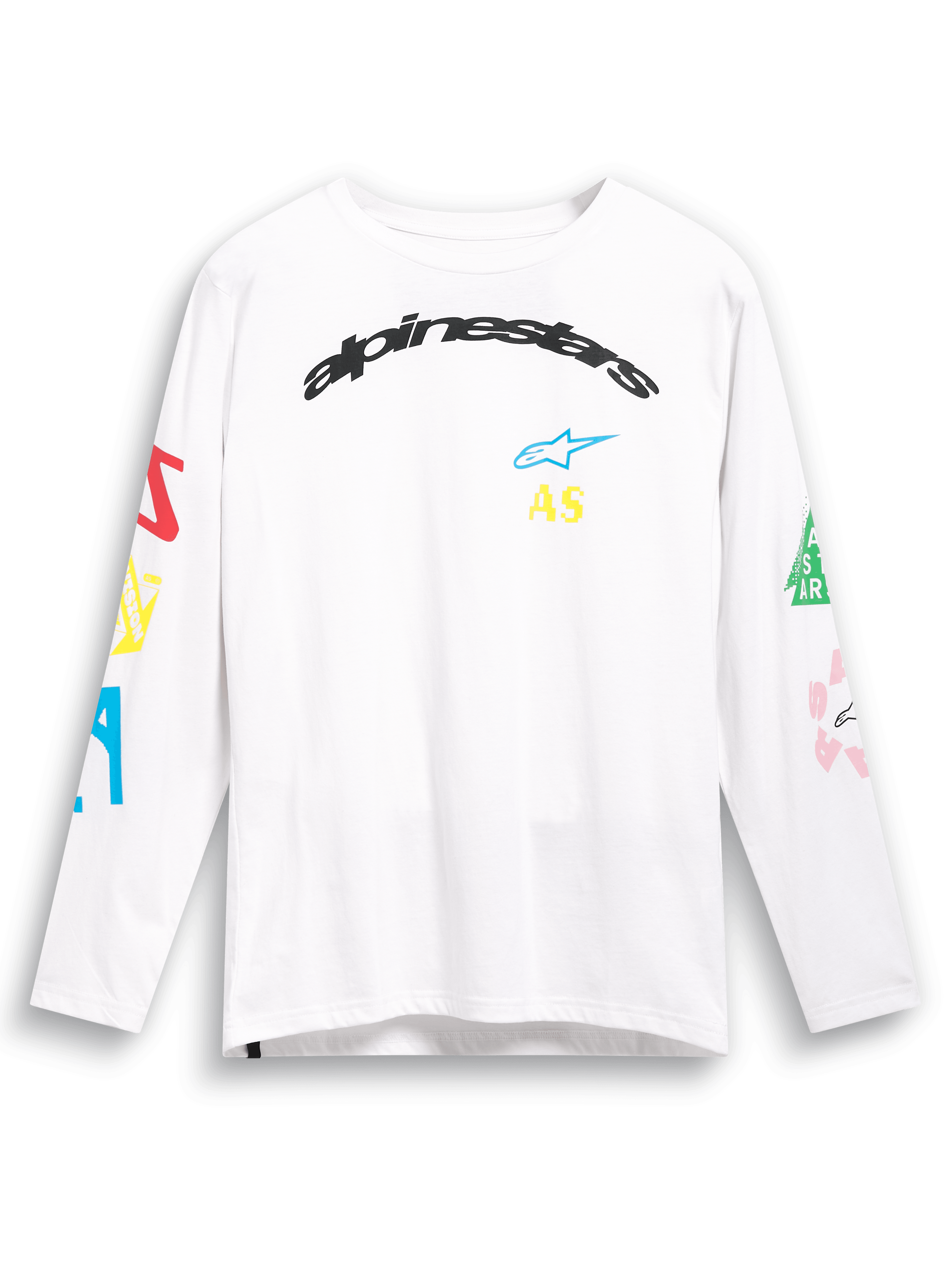 Alpinestars Brundo CSF Tee, wit T-shirt met lange mouwen, met kleurrijke multi-mix logo-graphics op de borst en mouwen, gebogen zwarte Alpinestars-branding, casual motorsport streetwear