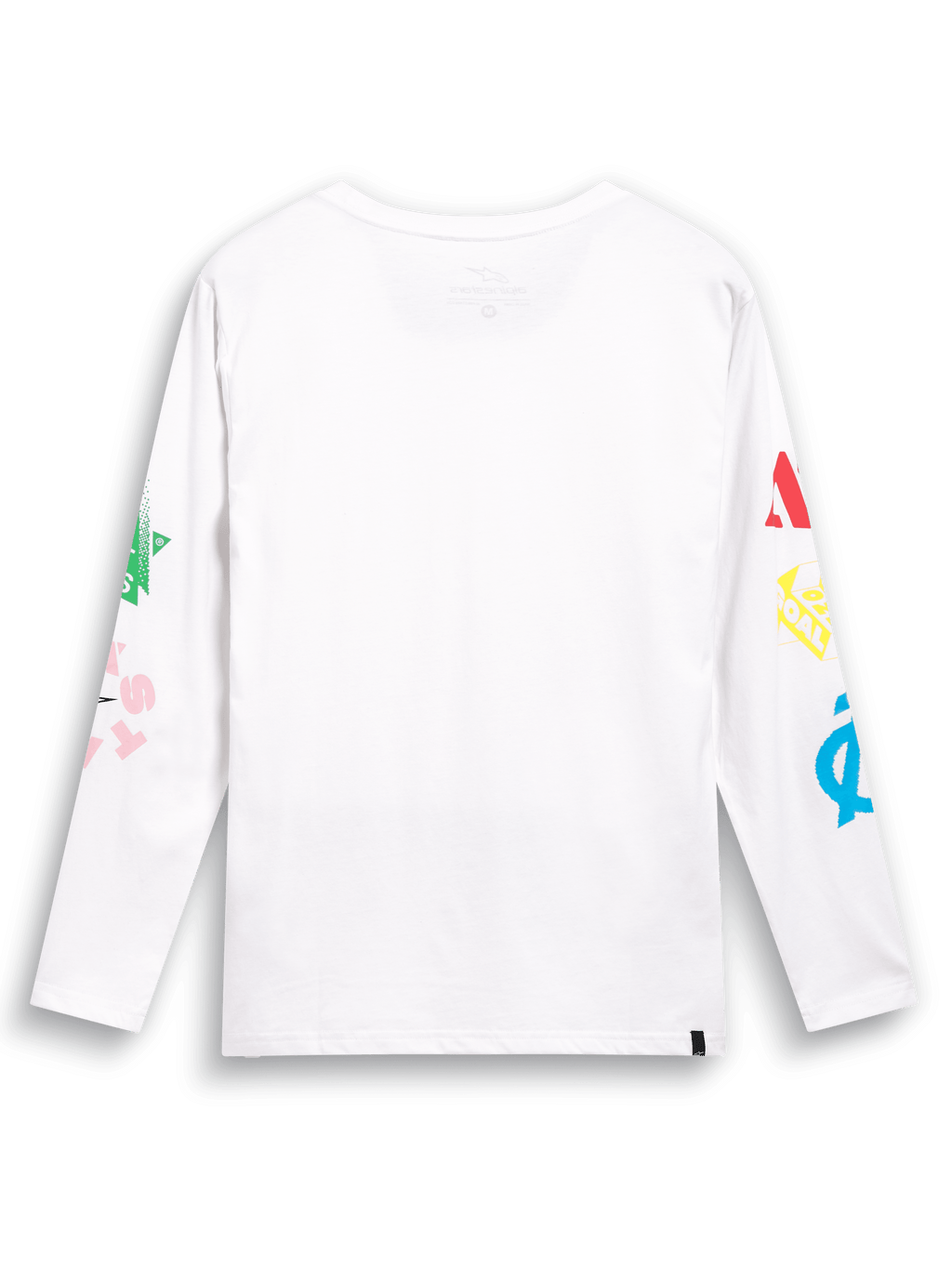 Alpinestars Brundo CSF Tee, T-shirt met lange mouwen, wit, achteraanzicht met kleurrijke multi-mix logo-graphics op beide mouwen, casual streetwear geïnspireerd op de motorsport