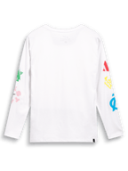 Alpinestars Brundo CSF Tee, T-shirt met lange mouwen, wit, achteraanzicht met kleurrijke multi-mix logo-graphics op beide mouwen, casual streetwear geïnspireerd op de motorsport