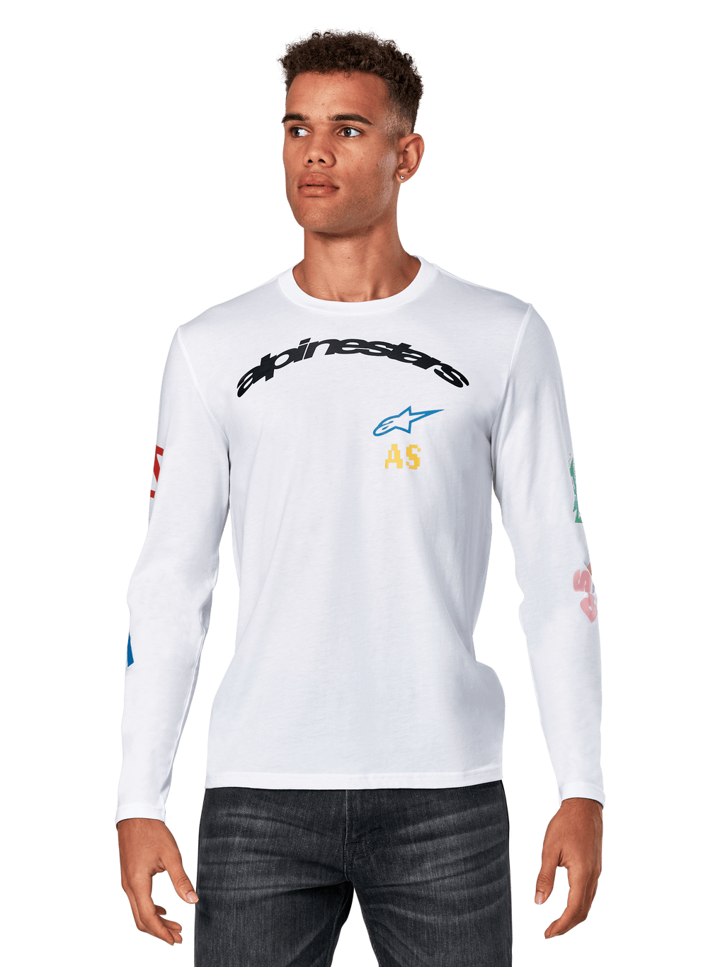 Alpinestars Brundo CSF longsleeve shirt, wit, boogvormig zwart Alpinestars-logo met blauwe ster en gele AS-initialen, kleurrijke grafische prints op de mouwen, casual motorsport streetwear voor heren