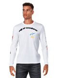 Alpinestars Brundo CSF longsleeve shirt, wit, boogvormig zwart Alpinestars-logo met blauwe ster en gele AS-initialen, kleurrijke grafische prints op de mouwen, casual motorsport streetwear voor heren
