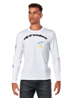 Alpinestars Brundo CSF longsleeve shirt, wit, boogvormig zwart Alpinestars-logo met blauwe ster en gele AS-initialen, kleurrijke grafische prints op de mouwen, casual motorsport streetwear voor heren