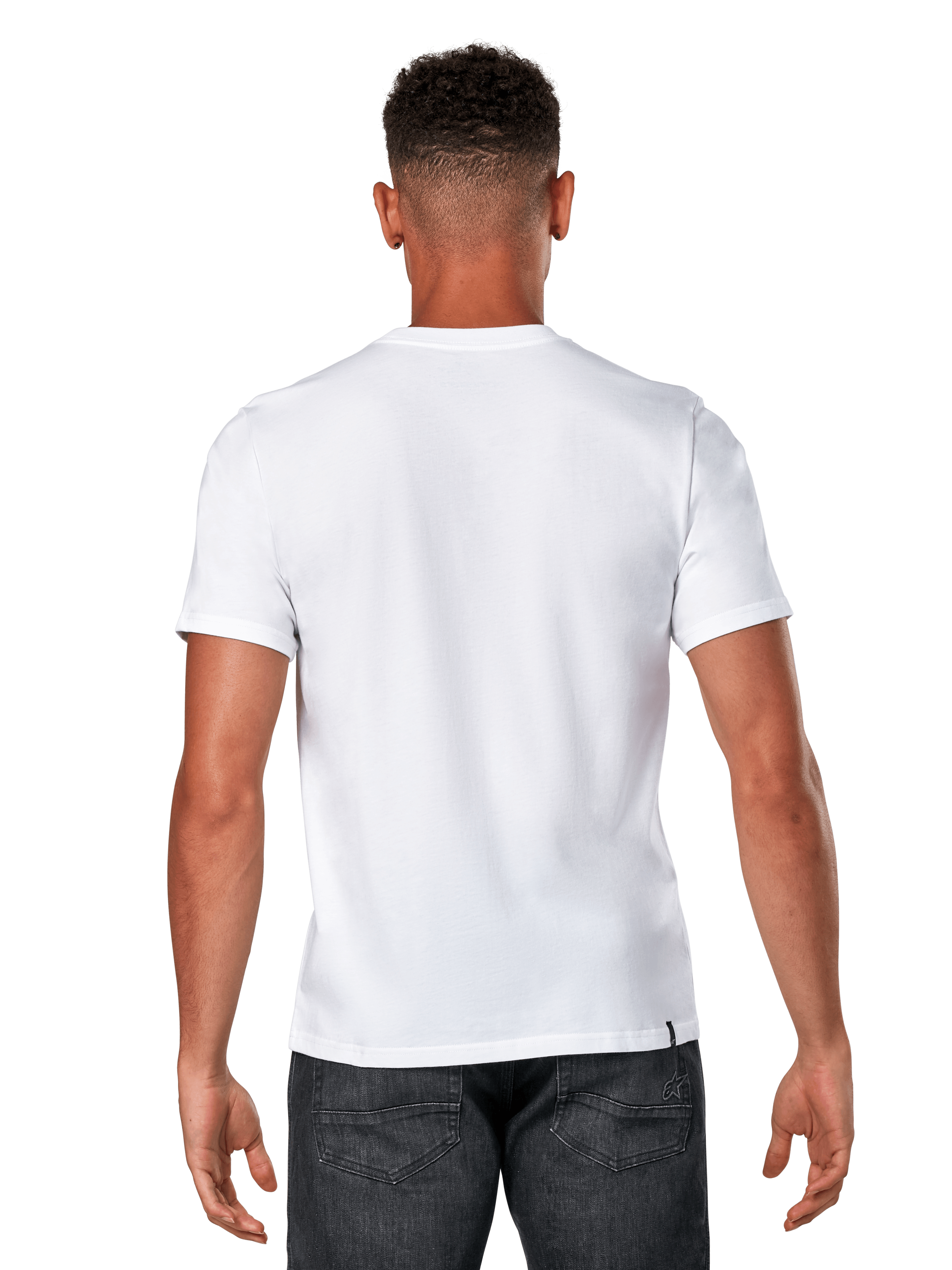 Alpinestars Glyfs CSF Tee, kurzärmeliges T-Shirt, Weiß, Rückansicht eines männlichen Models in schlichtem weißem T-Shirt und dunklem Denim, lässige Motorsport-Streetwear