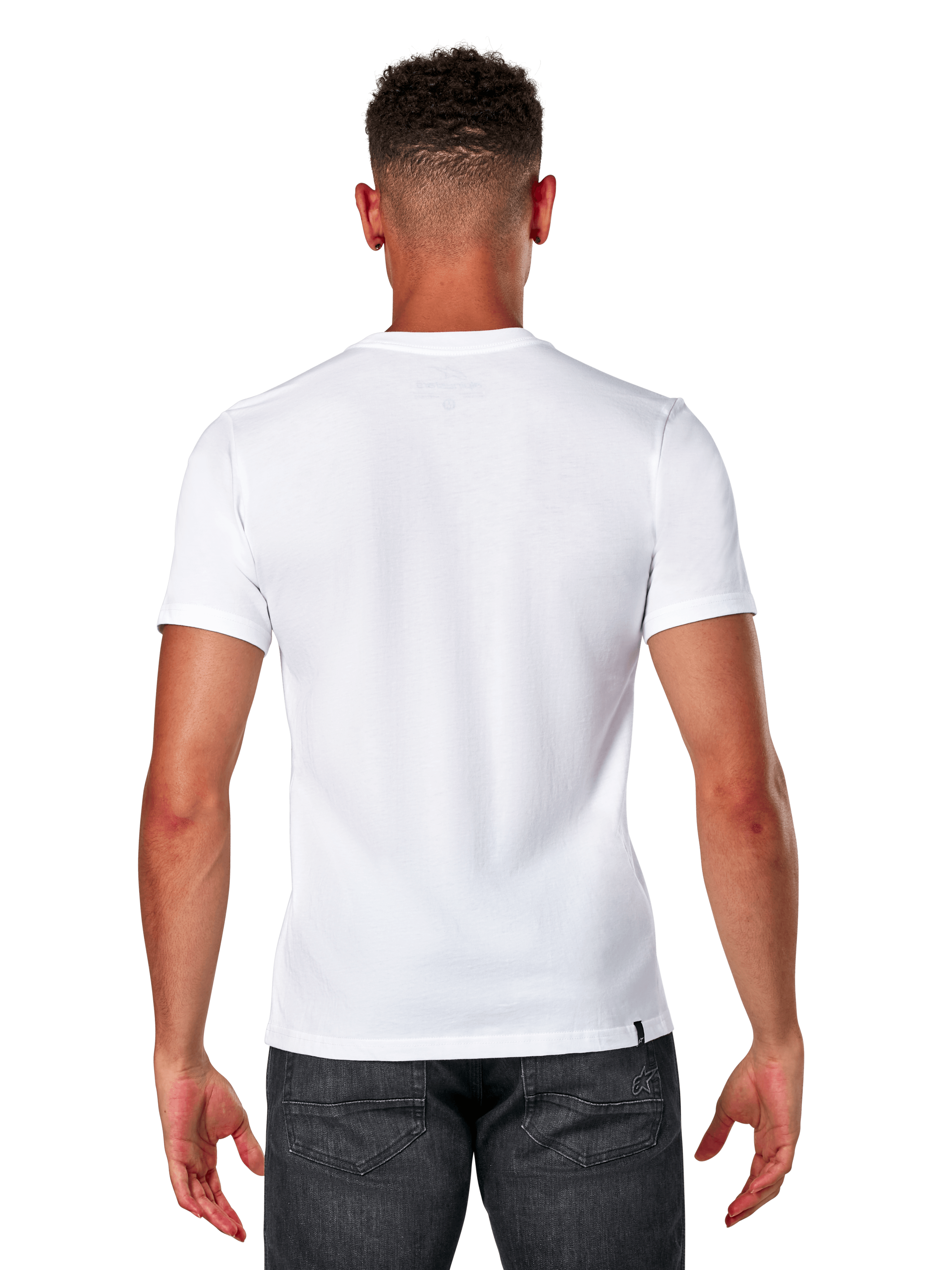 Alpinestars Elliptic CSF Tee, t-shirt à manches courtes, blanc, vue de dos sur un mannequin portant un jean gris foncé, streetwear décontracté