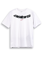 Alpinestars Elliptic CSF T-Shirt, weißes Kurzarm-Sportswear-T-Shirt mit schwarzem, gebogenem Astars-Logo und roter Logografik auf der Brust.