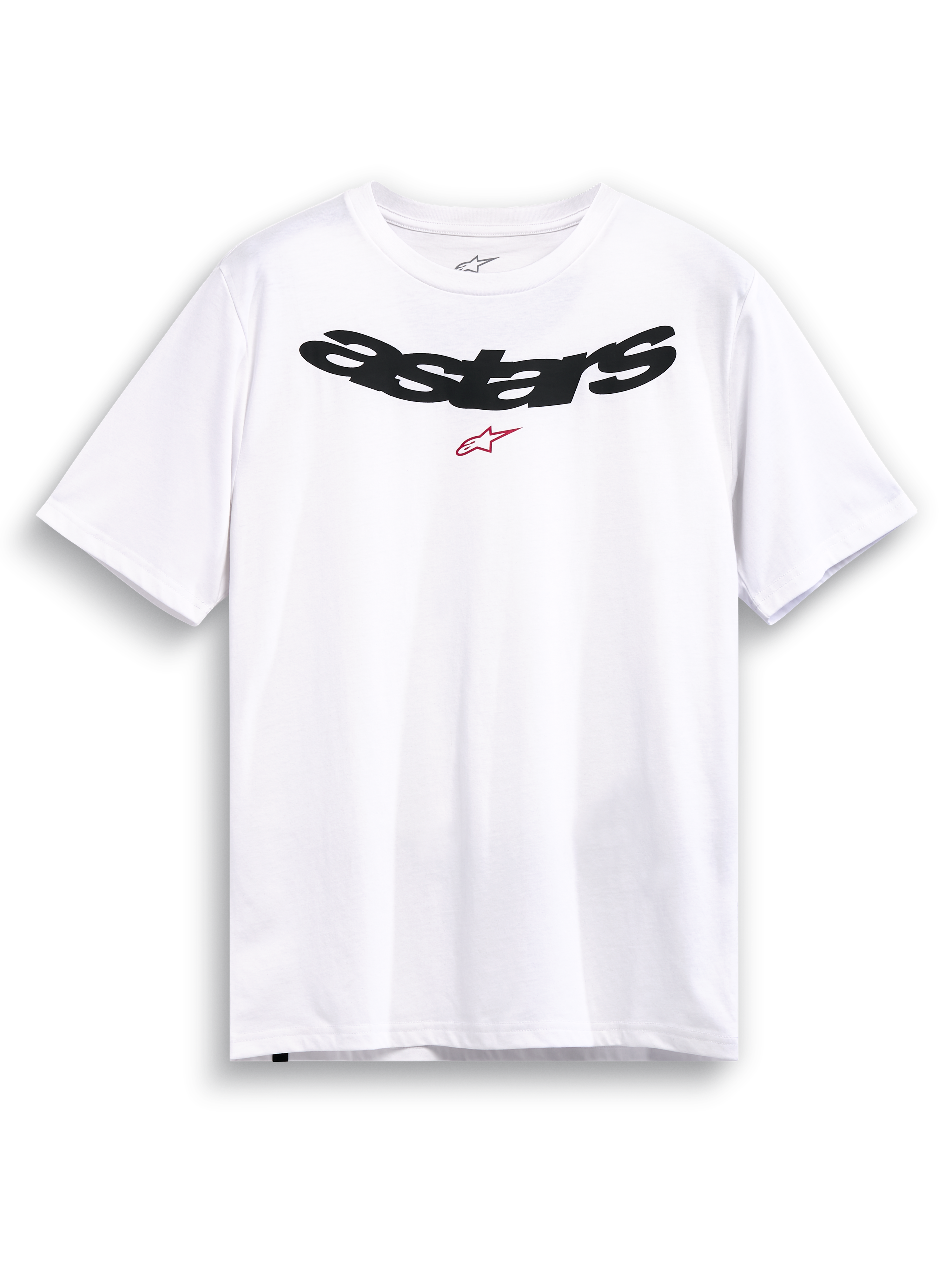 Alpinestars Elliptic CSF T-Shirt, weißes Kurzarm-Sportswear-T-Shirt mit schwarzem, gebogenem Astars-Logo und roter Logografik auf der Brust.