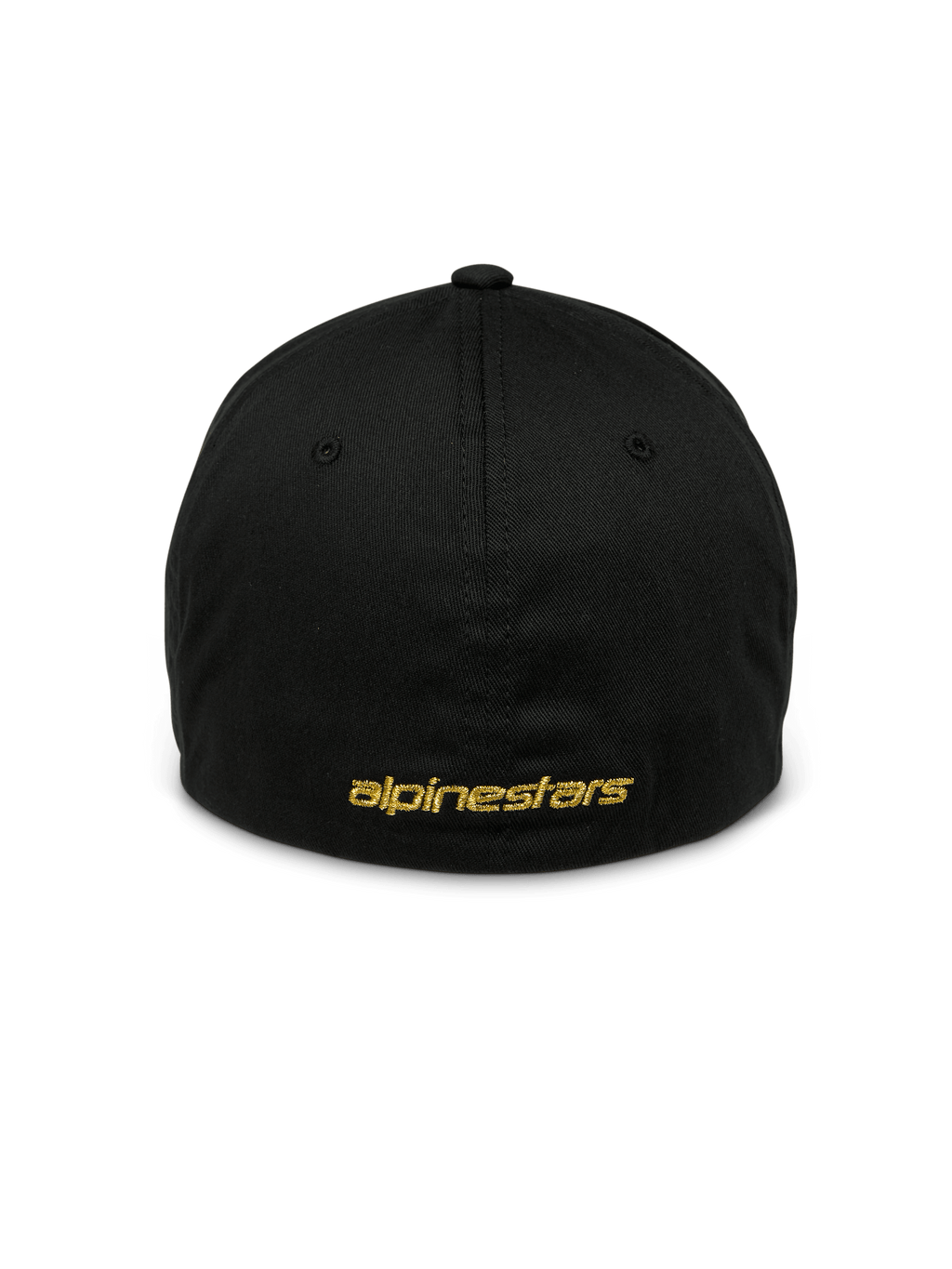 Alpinestars Gild pet, zwarte sportpet, achteraanzicht met goudkleurig metallic plat Alpinestars-borduurwerk, gesloten flexibele achterkant, gestructureerde kroon, casual motorsport-geïnspireerde hoofdbedekking