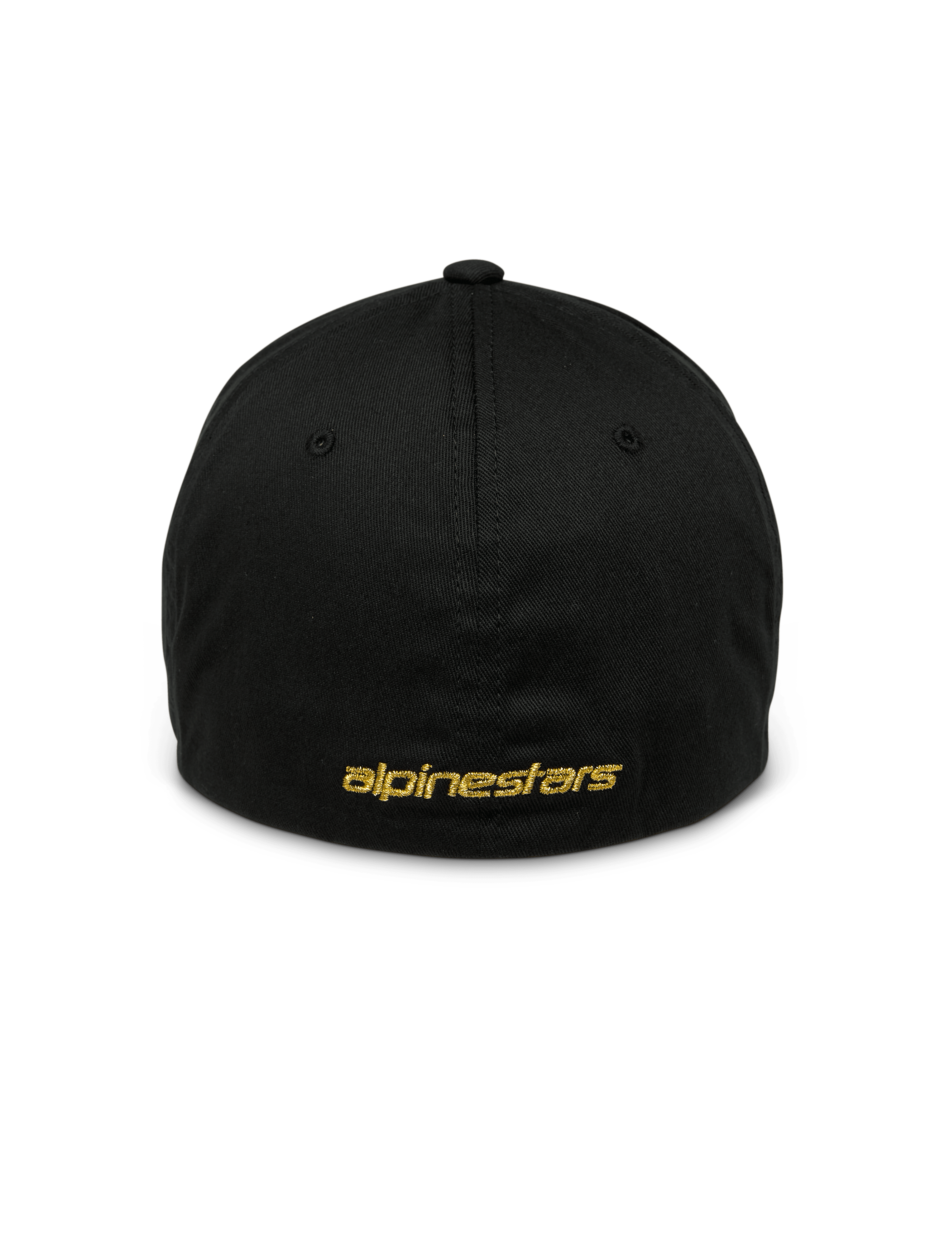 Alpinestars Gild pet, zwarte sportpet, achteraanzicht met goudkleurig metallic plat Alpinestars-borduurwerk, gesloten flexibele achterkant, gestructureerde kroon, casual motorsport-geïnspireerde hoofdbedekking