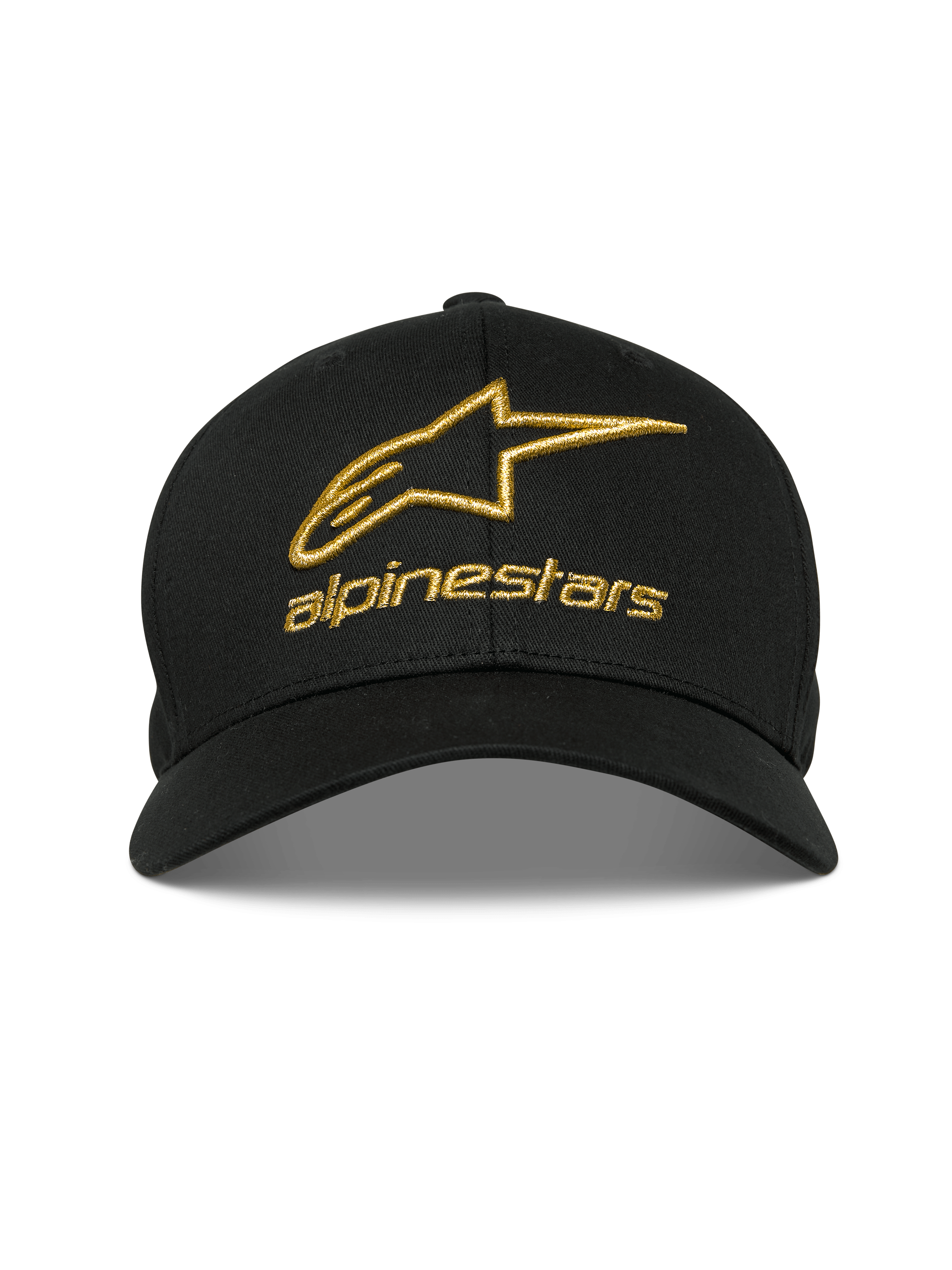 Alpinestars Gild Pet, zwarte pet met gouden metallic 3D-geborduurd Alpinestars-logo, gebogen klep met gestructureerde kroon, casual motorsport sportswear