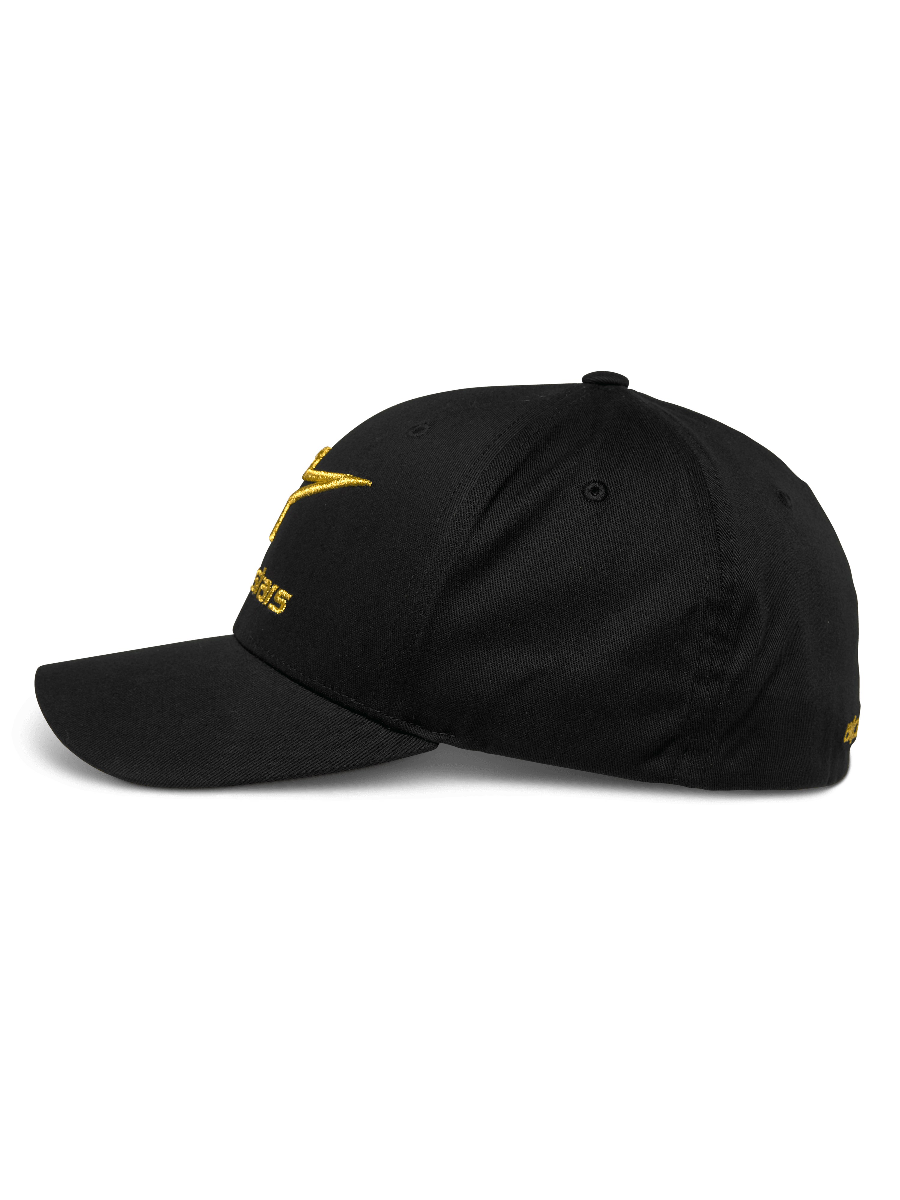Alpinestars Gild pet, zijaanzicht van een zwarte baseballcap met gebogen klep, gouden metallic 3D-geborduurd logo op de voorkant en zijkant, gestructureerde kroon en stretch keperstof, casual motorsport sportswear