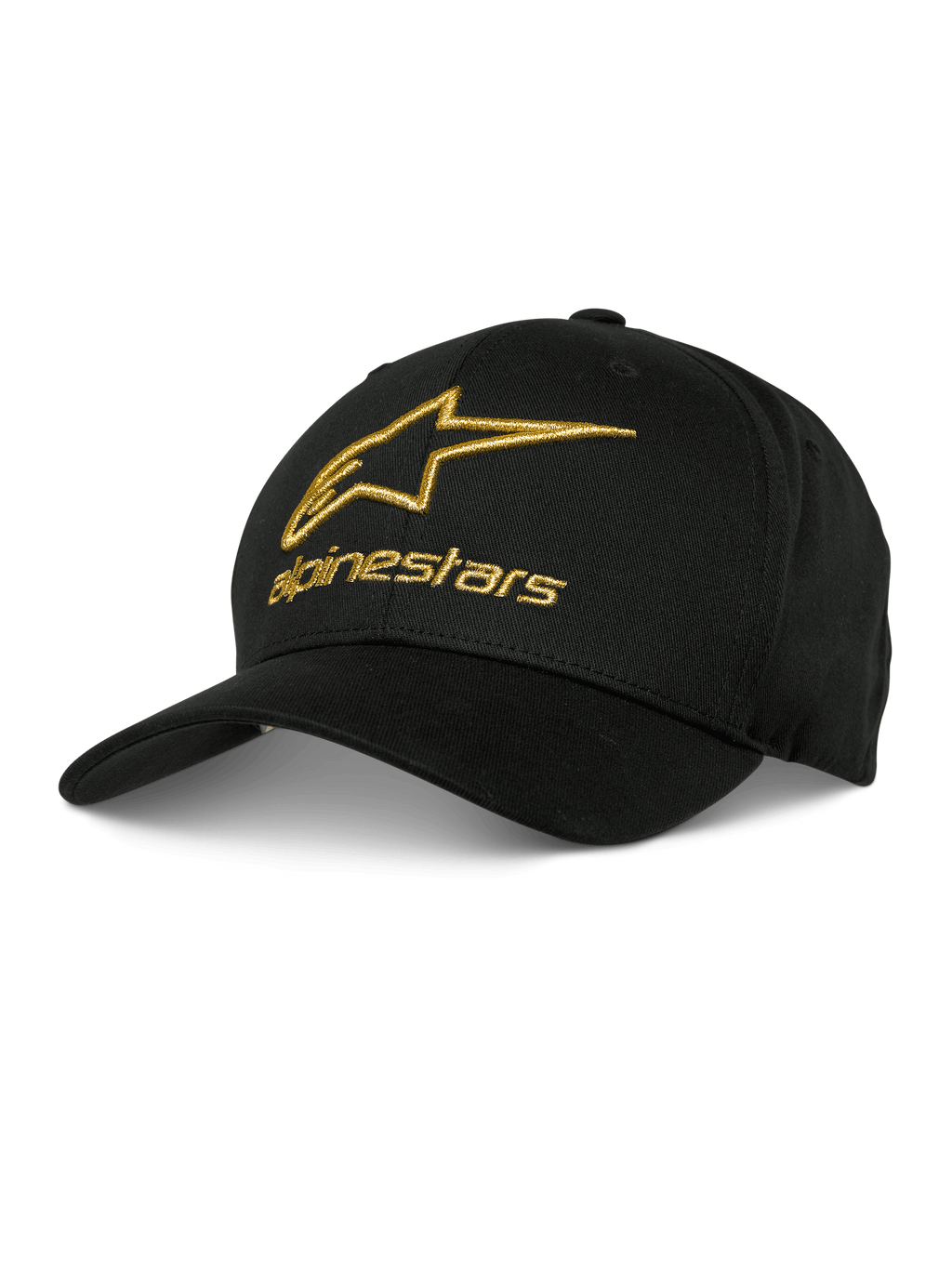 Alpinestars Gild pet, zwarte baseballcap met goudkleurig metallic 3D geborduurd logo, gestructureerde kroon en gebogen klep, casual motorsport sportkleding