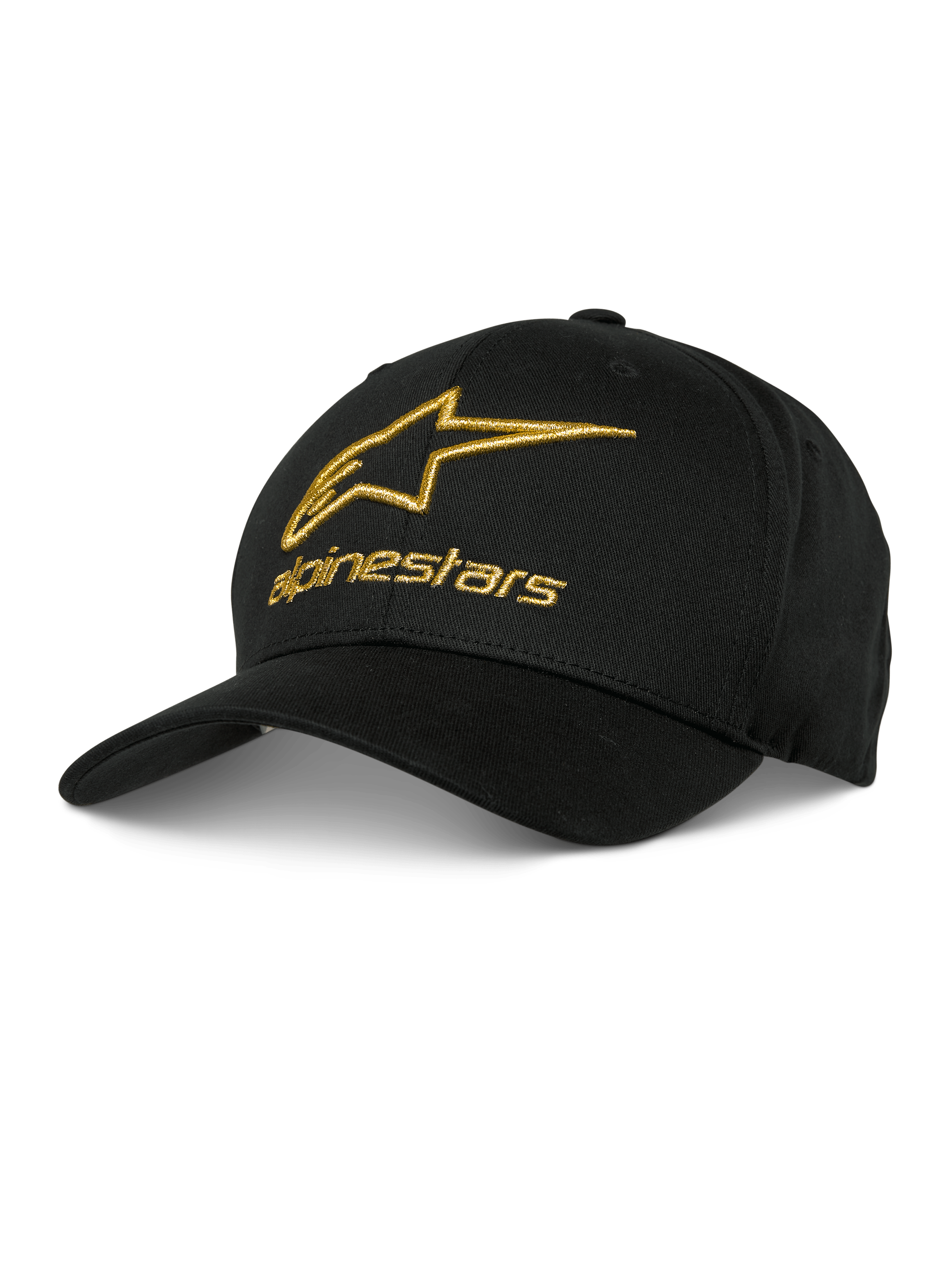 Alpinestars Gild pet, zwarte baseballcap met goudkleurig metallic 3D geborduurd logo, gestructureerde kroon en gebogen klep, casual motorsport sportkleding