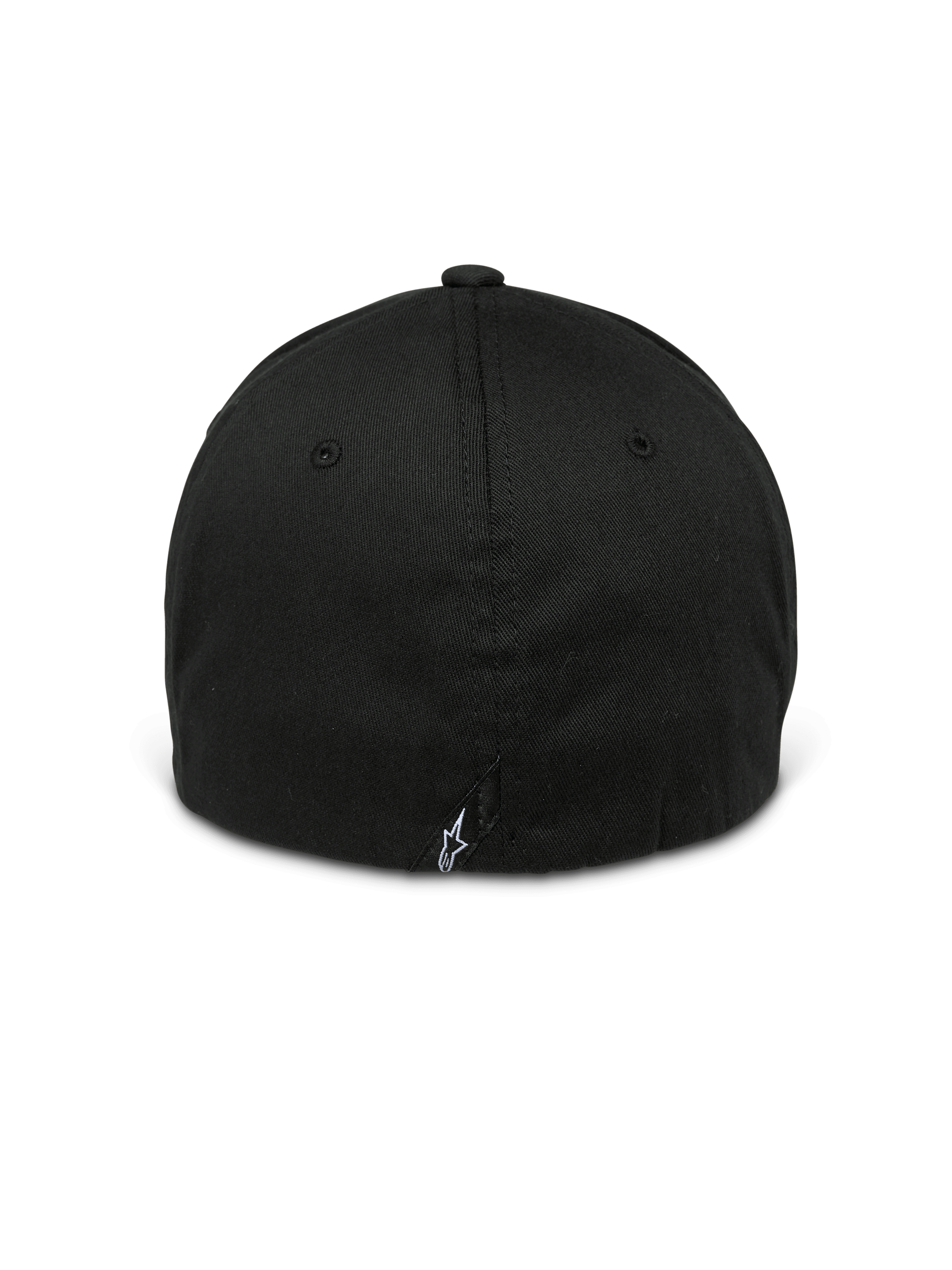 Alpinestars Arcstars pet, zwart, achteraanzicht van een flex-back baseballcap, voorzien van een klein wit Astars-logo op een label achterop, gestructureerde kroon met ton-sur-ton oogjes, casual motorsport-geïnspireerde pet