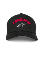Alpinestars Arcstars pet, zwarte baseballcap, rood 3D-geborduurd astars-logo en wit sterlogo, gebogen klep, gestructureerde kroon, casual motorsport hoofdbedekking