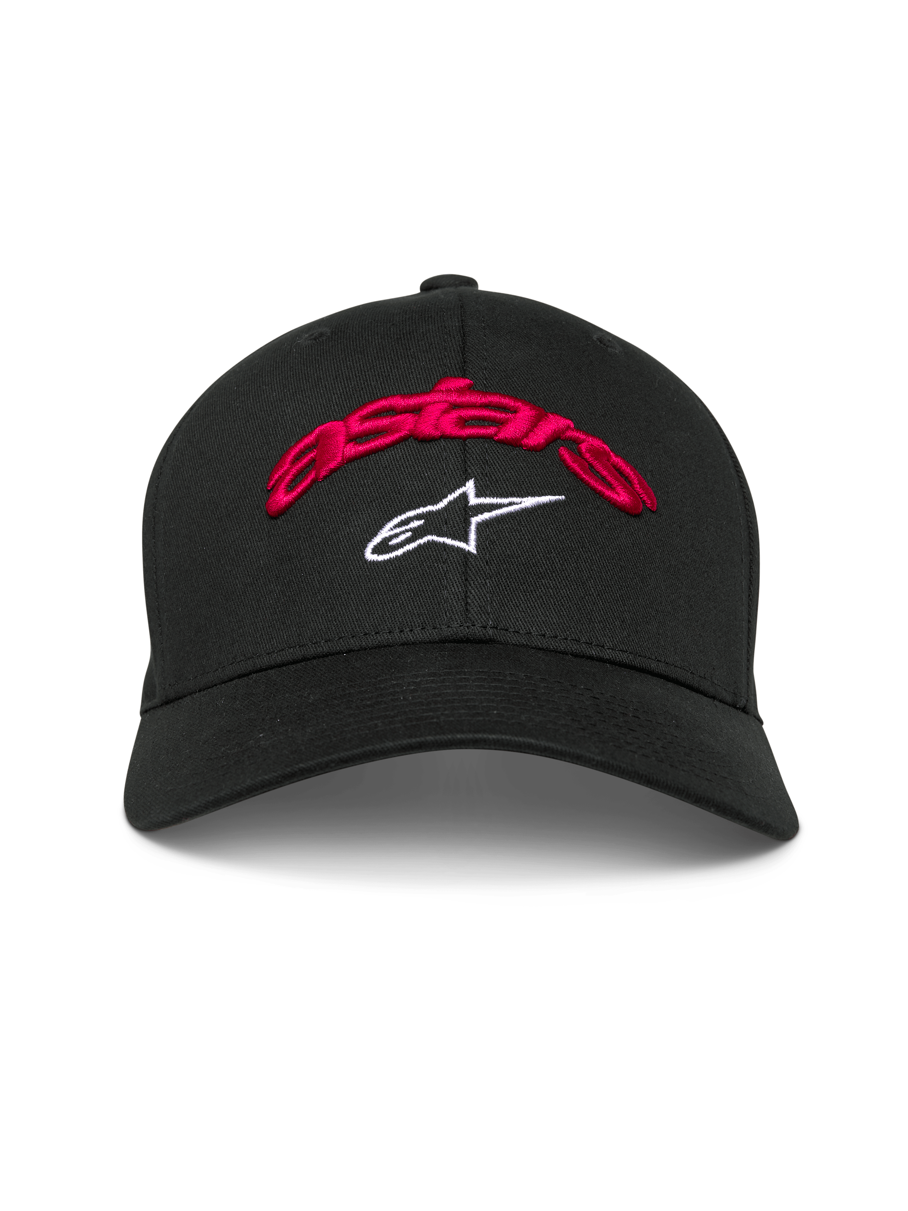 Alpinestars Arcstars pet, zwarte baseballcap, rood 3D-geborduurd astars-logo en wit sterlogo, gebogen klep, gestructureerde kroon, casual motorsport hoofdbedekking