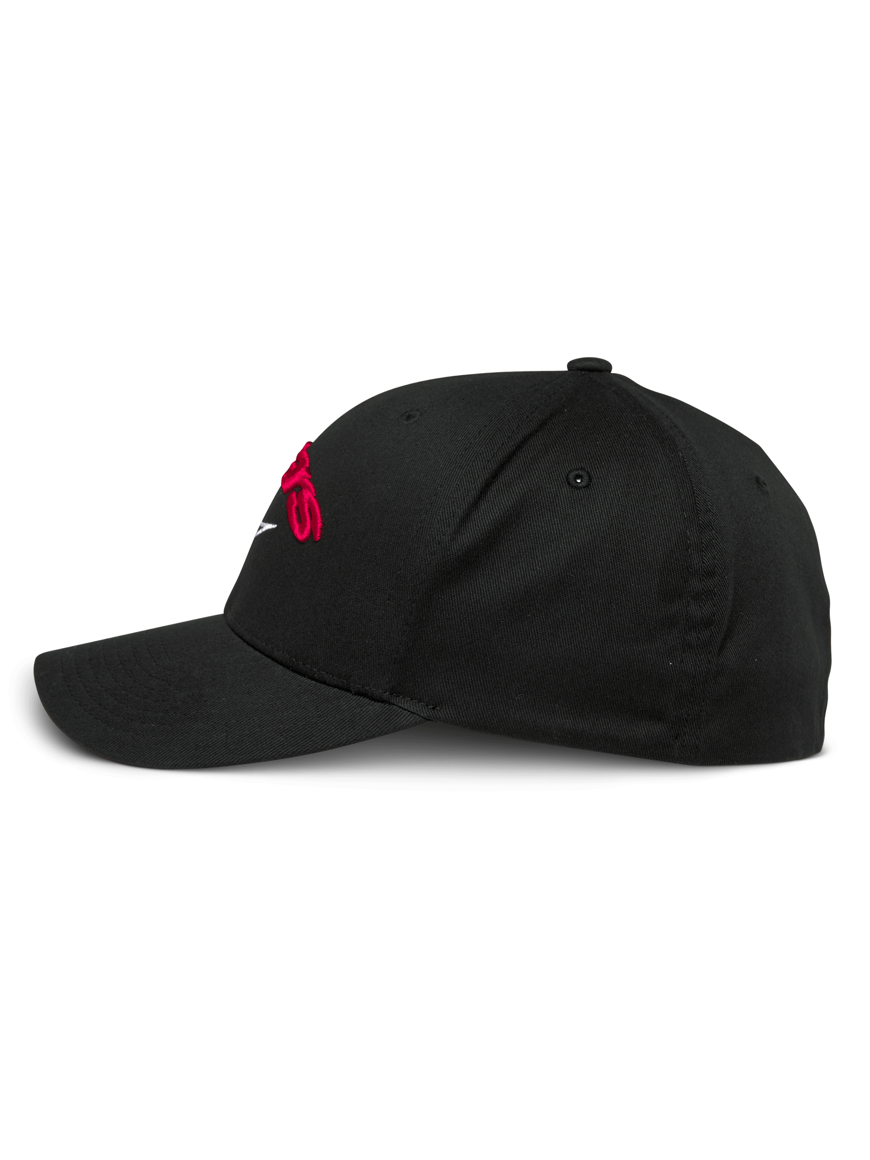 Alpinestars Arcstars pet, zwarte baseballcap, zijprofiel, gebogen klep en gestructureerde kroon, voorzien van rood 3D geborduurd logo, casual sportkleding