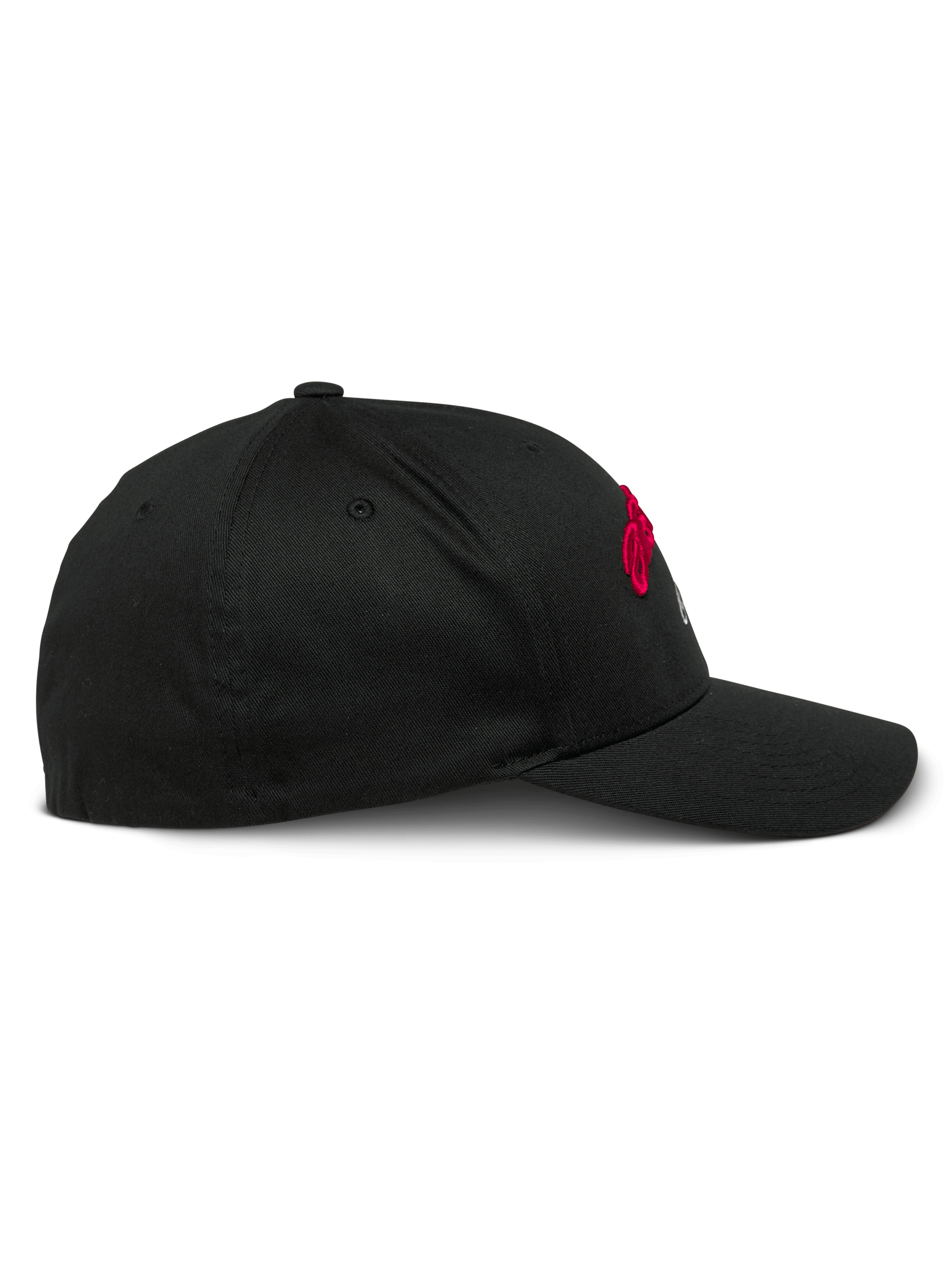 Alpinestars Arcstars pet, zwarte baseballcap, zijaanzicht, gebogen klep met gestructureerde kroon, stretch twill materiaal, rode en witte geborduurde details, casual motorsport-geïnspireerde pet