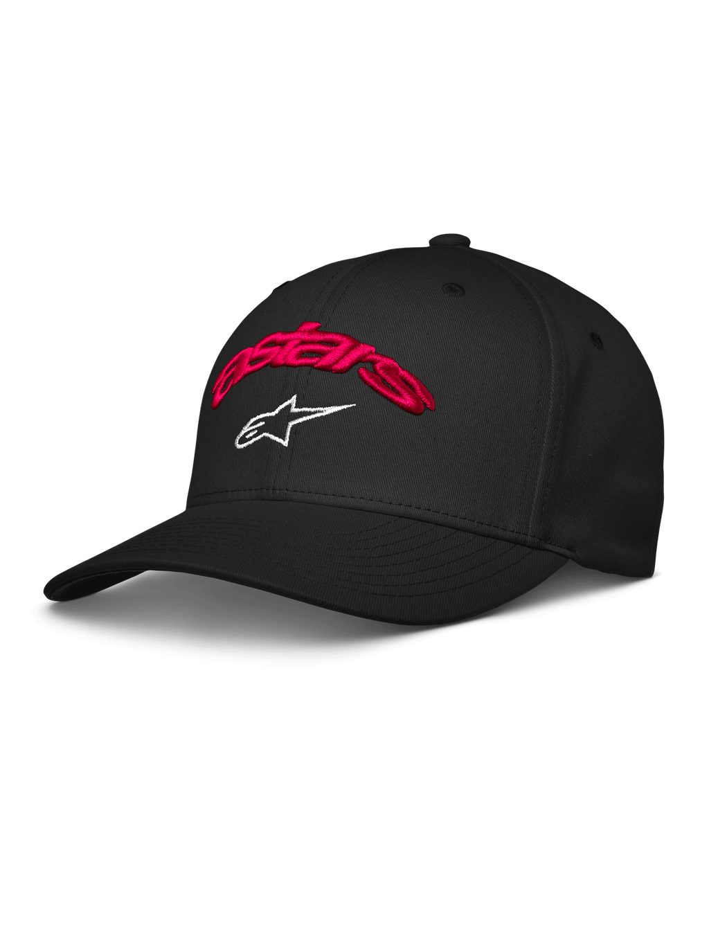Alpinestars Arcstars pet, zwarte baseballcap met rood 3D-geborduurd Astars-script en wit sterlogo, gebogen klep, gestructureerde kroon, casual motorsport-sportkleding