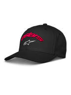 Alpinestars Arcstars pet, zwarte baseballcap met rood 3D-geborduurd Astars-script en wit sterlogo, gebogen klep, gestructureerde kroon, casual motorsport-sportkleding
