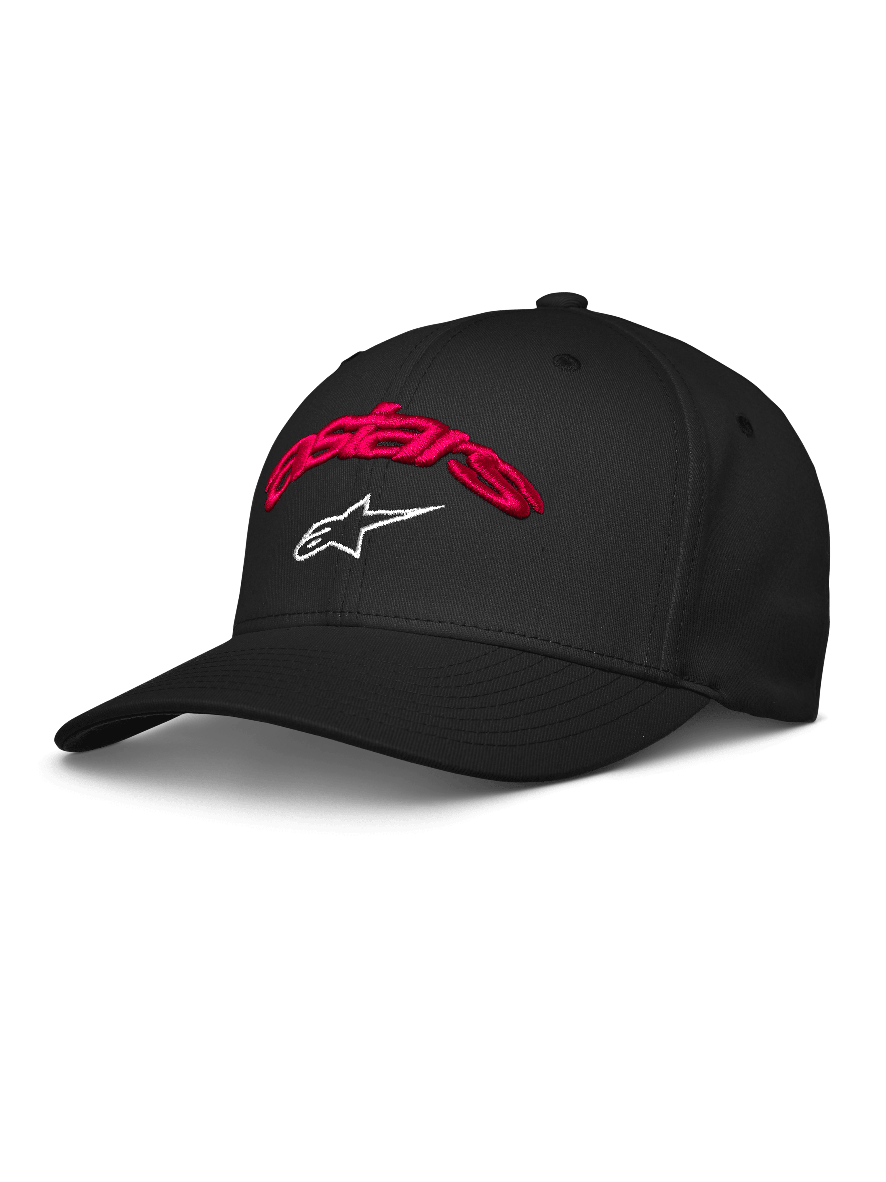 Alpinestars Arcstars pet, zwarte baseballcap met rood 3D-geborduurd Astars-script en wit sterlogo, gebogen klep, gestructureerde kroon, casual motorsport-sportkleding